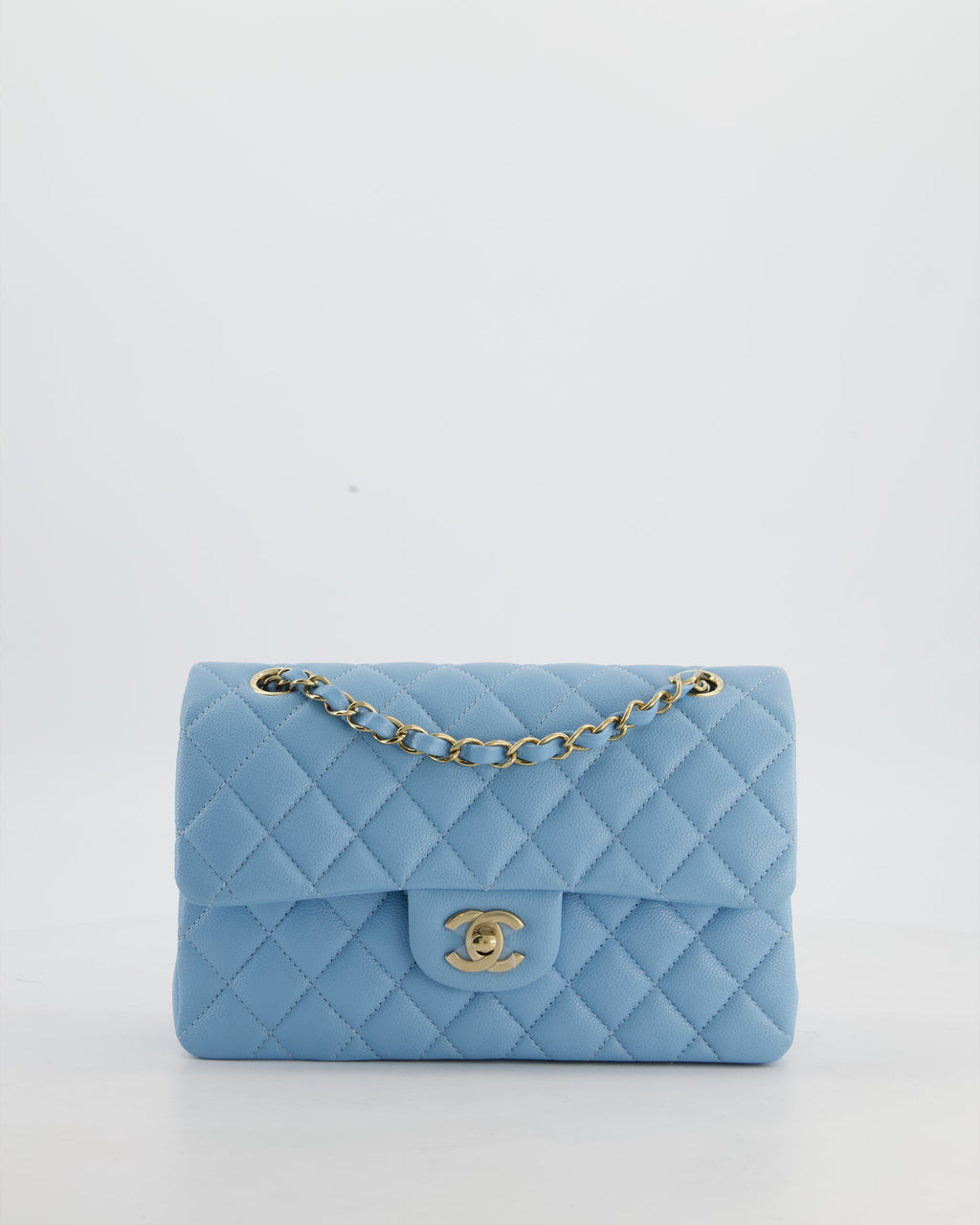 *HOT* Chanel Baby Blue Small Classic Double Flap Bag in Caviar Leather with Gold Hardware