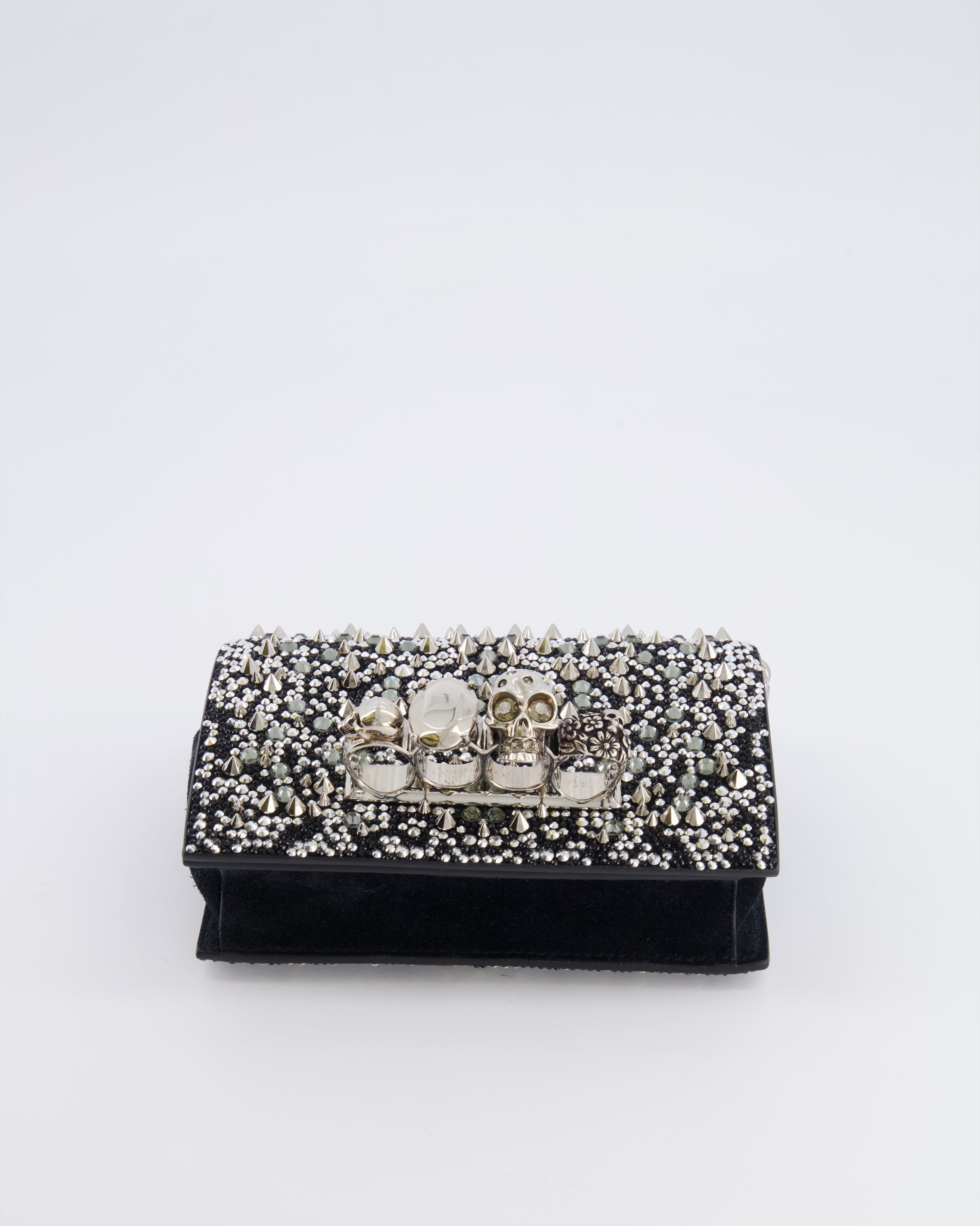 Alexander Mcqueen Black Crystal Embelished Suede Shoulder Bag with Skull and Spike Details