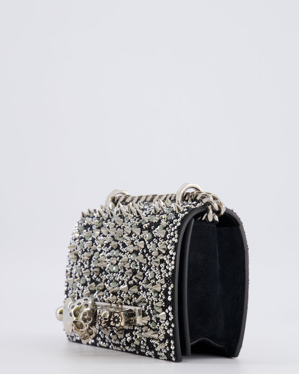 Alexander Mcqueen Black Crystal Embelished Suede Shoulder Bag with Skull and Spike Details