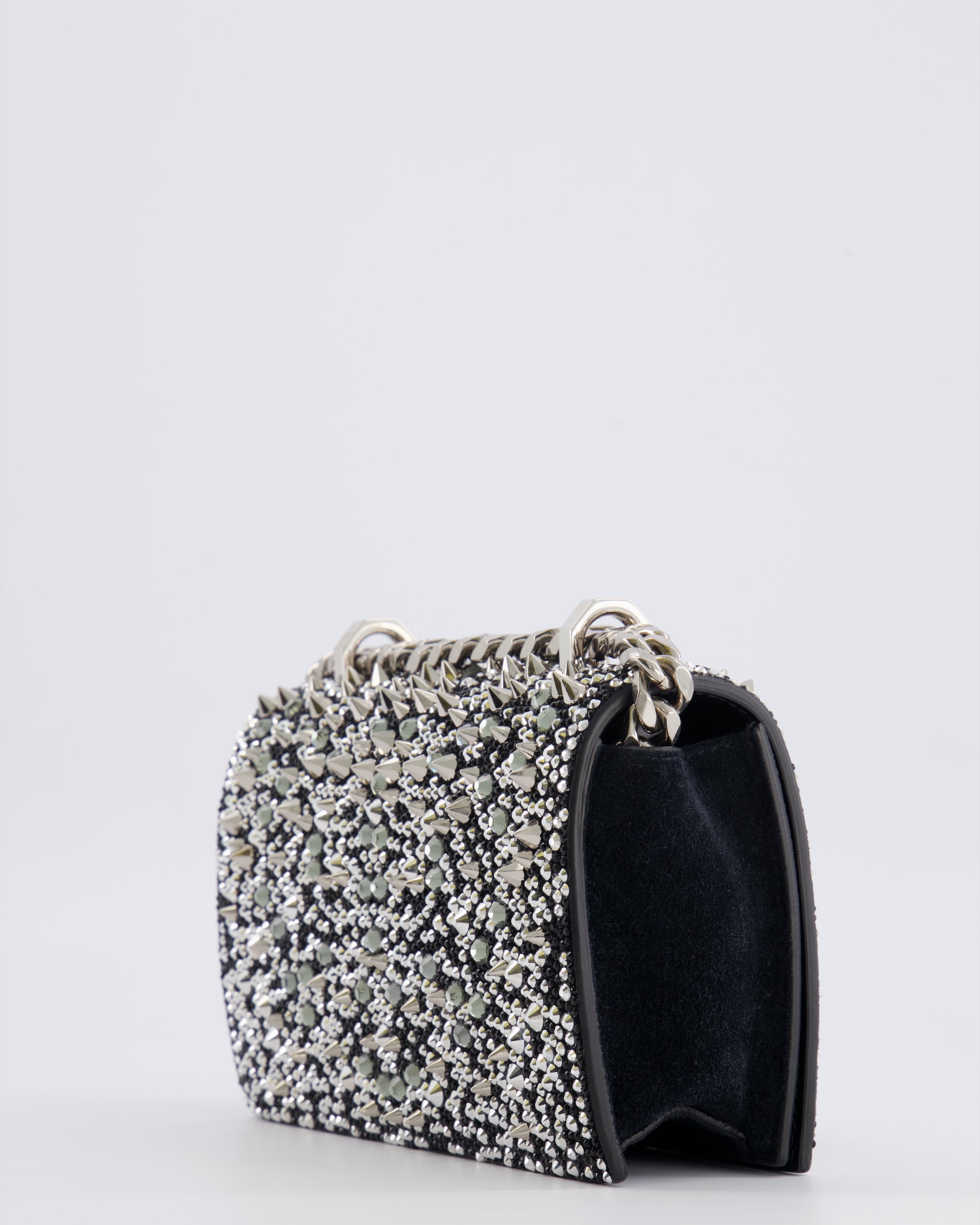 Alexander Mcqueen Black Crystal Embelished Suede Shoulder Bag with Skull and Spike Details