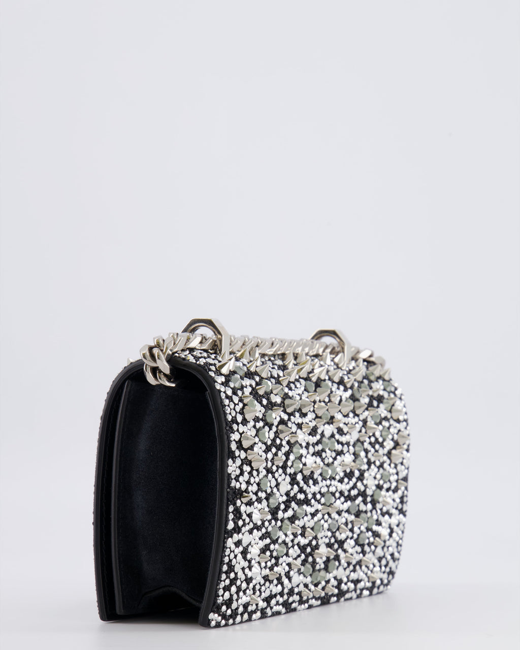 Alexander Mcqueen Black Crystal Embelished Suede Shoulder Bag with Skull and Spike Details