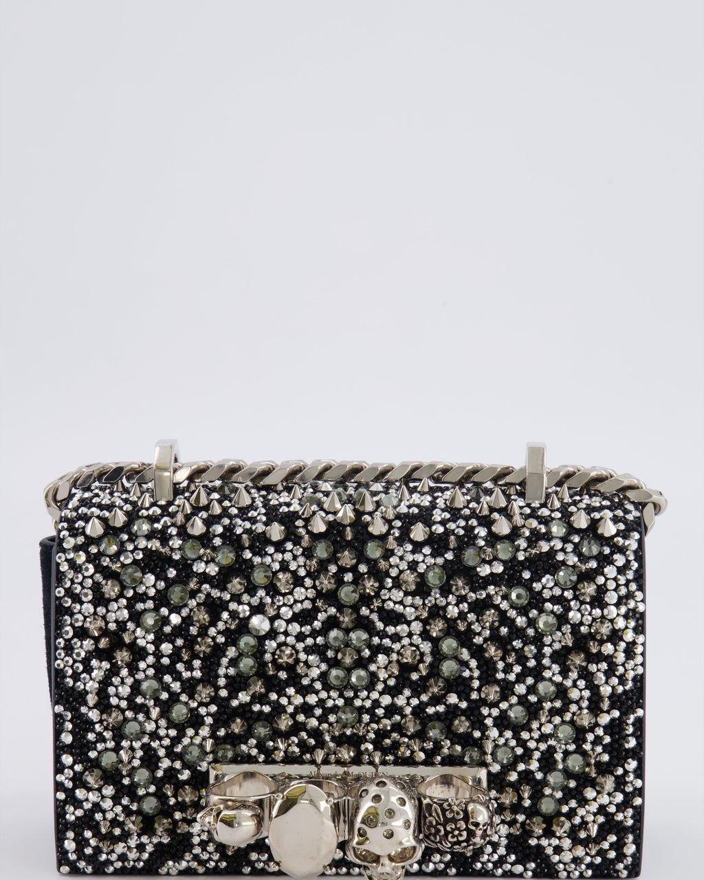 Alexander Mcqueen Black Crystal Embelished Suede Shoulder Bag with Skull and Spike Details