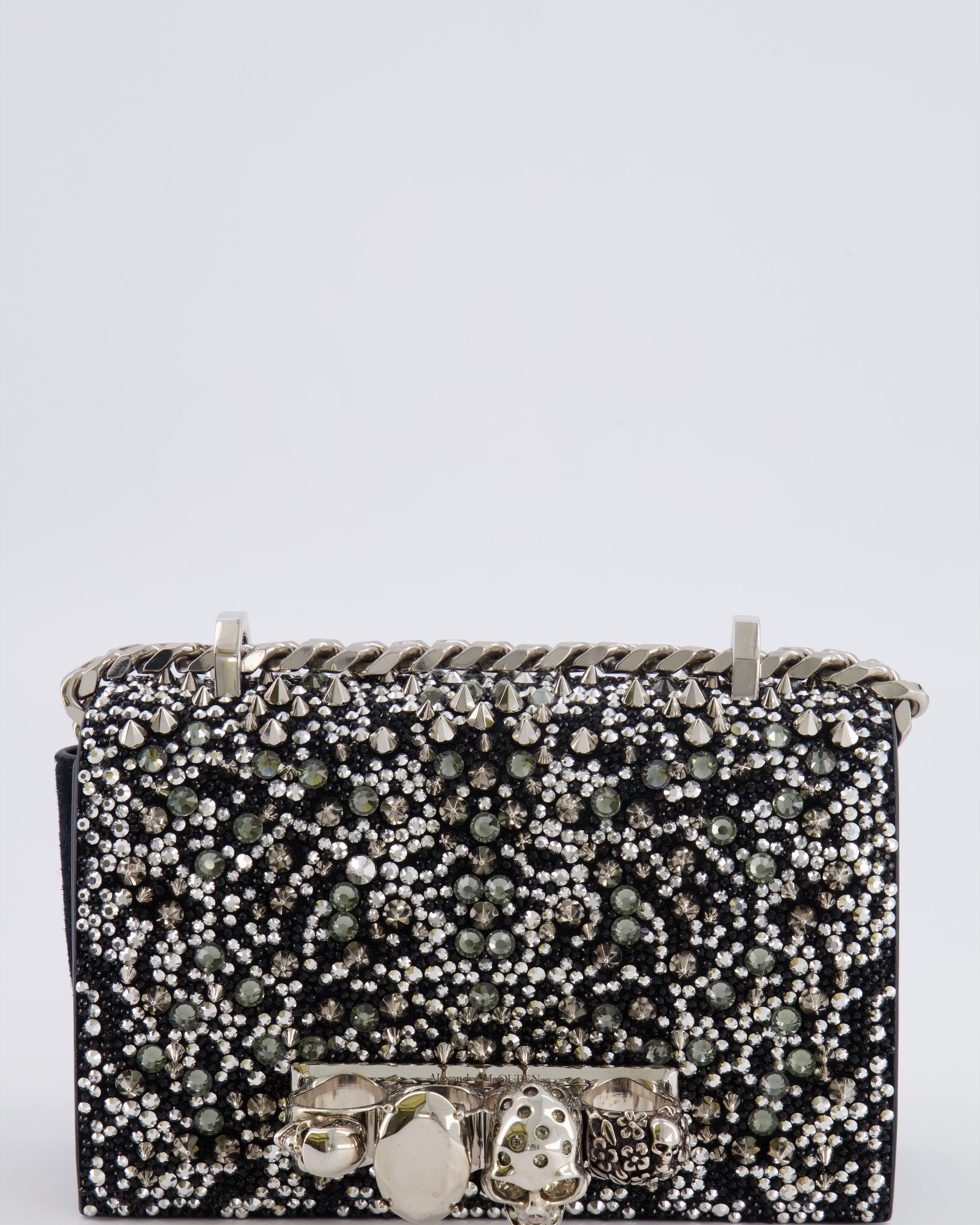 Alexander Mcqueen Black Crystal Embelished Suede Shoulder Bag with Skull and Spike Details
