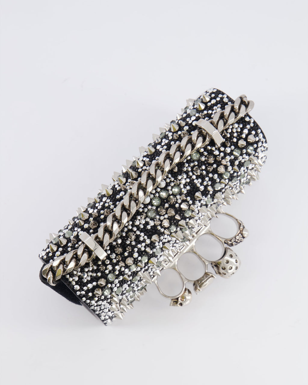 Alexander Mcqueen Black Crystal Embelished Suede Shoulder Bag with Skull and Spike Details