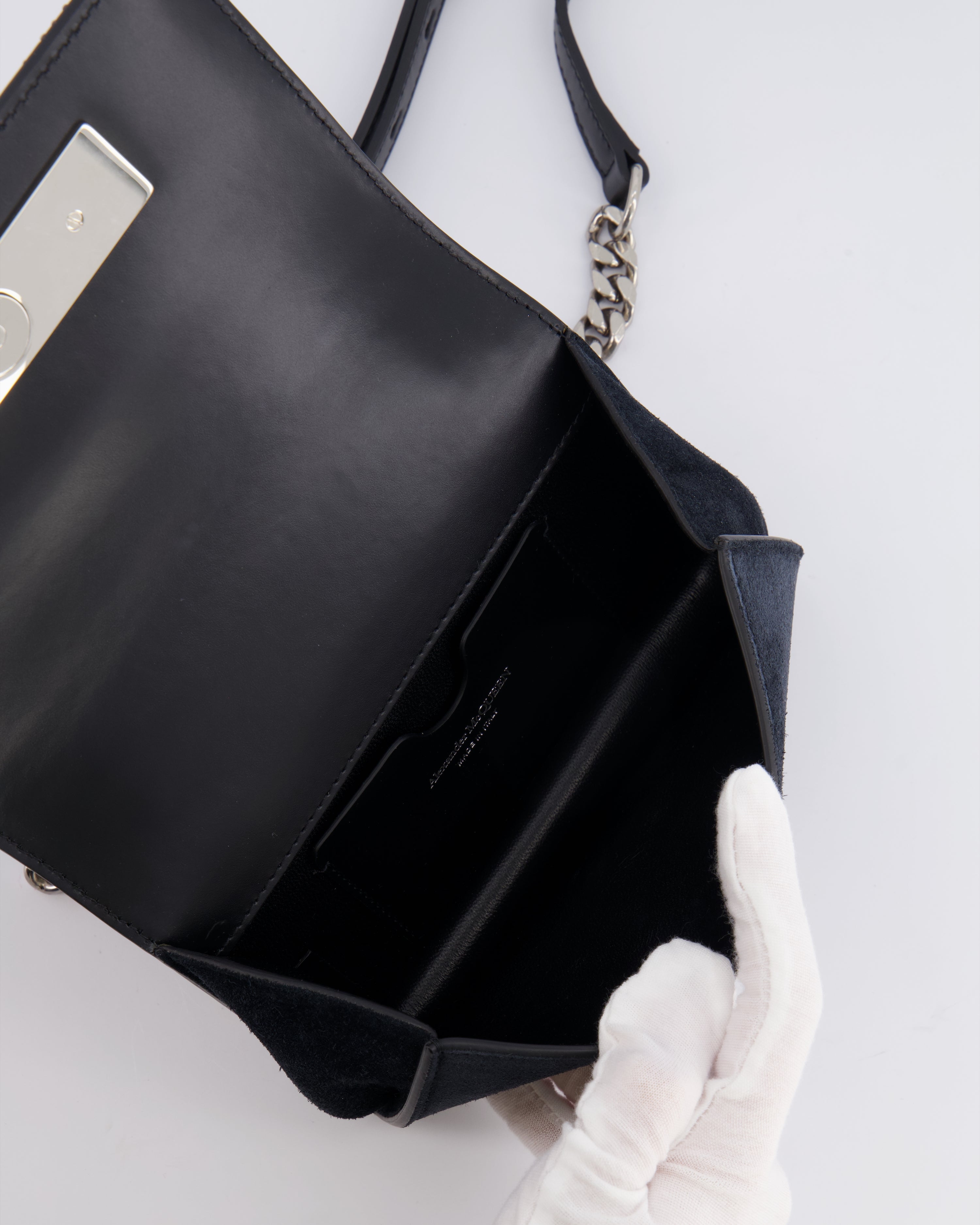 Alexander Mcqueen Black Crystal Embelished Suede Shoulder Bag with Skull and Spike Details