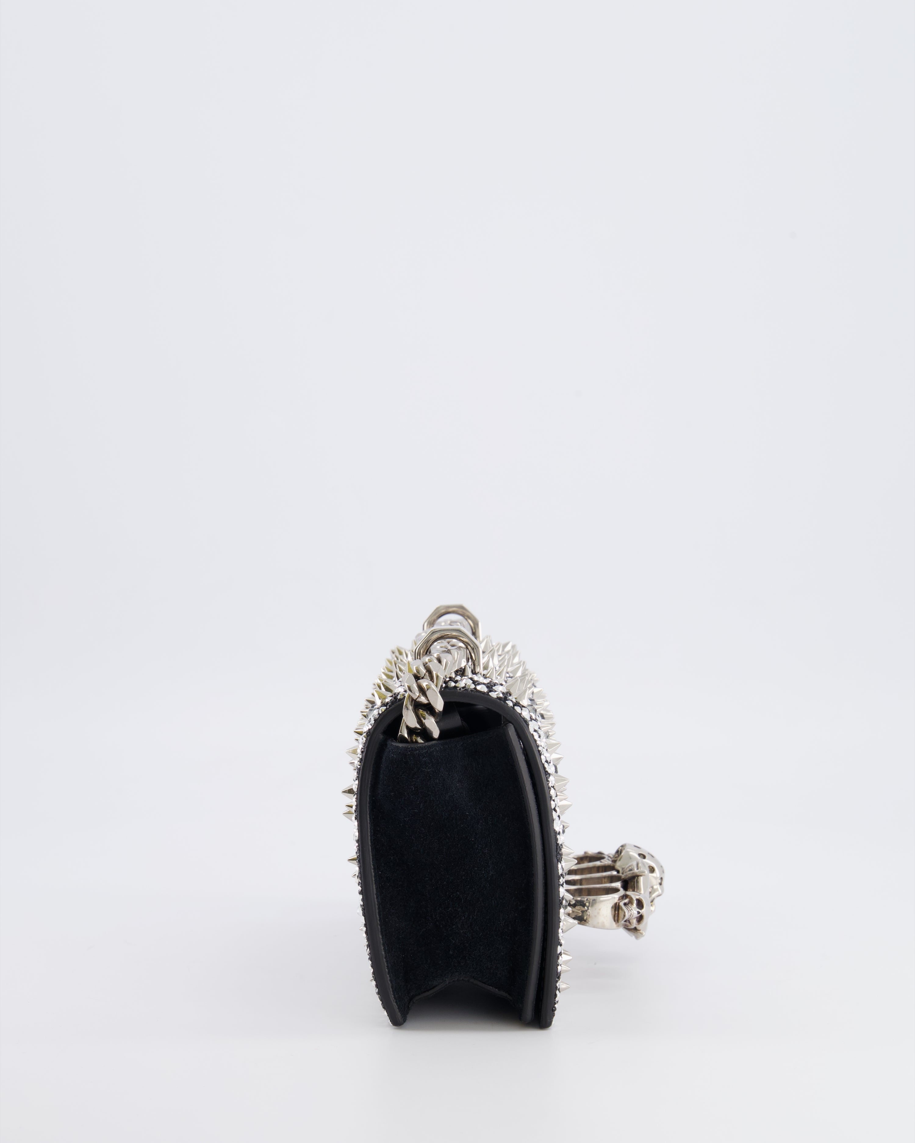 Alexander Mcqueen Black Crystal Embelished Suede Shoulder Bag with Skull and Spike Details