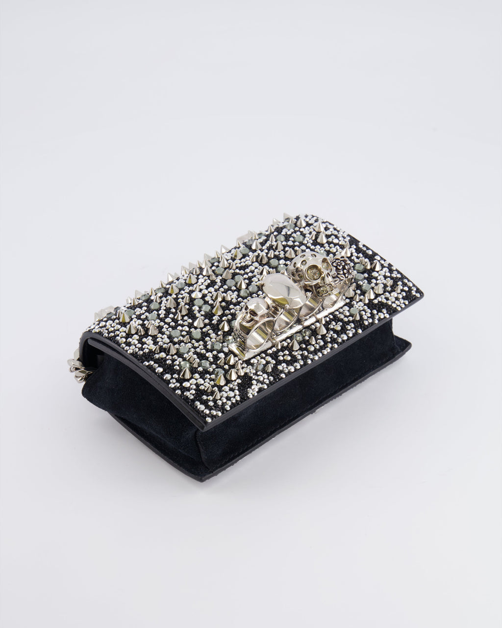 Alexander Mcqueen Black Crystal Embelished Suede Shoulder Bag with Skull and Spike Details