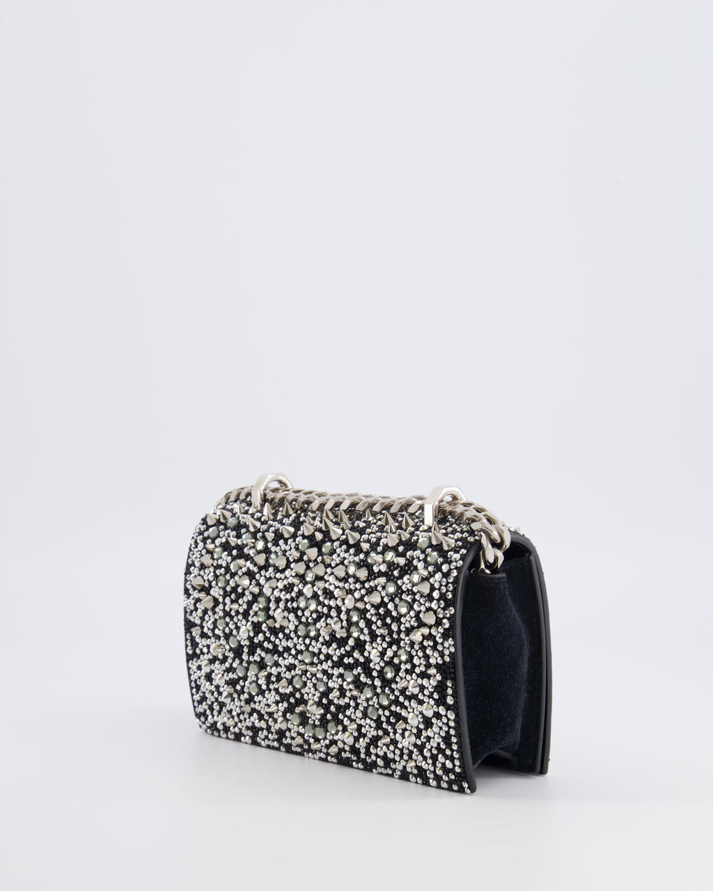 Alexander Mcqueen Black Crystal Embelished Suede Shoulder Bag with Skull and Spike Details