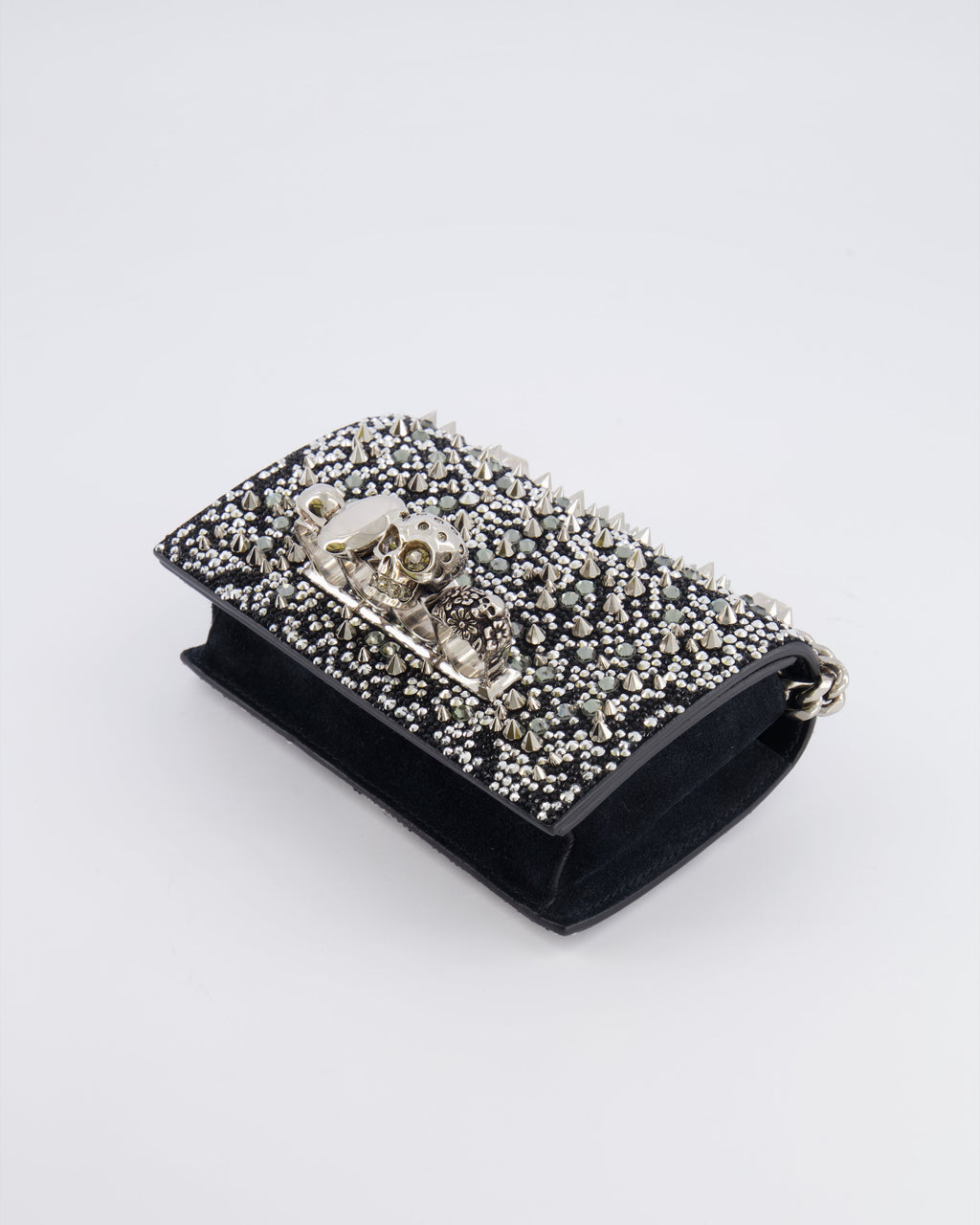 Alexander Mcqueen Black Crystal Embelished Suede Shoulder Bag with Skull and Spike Details