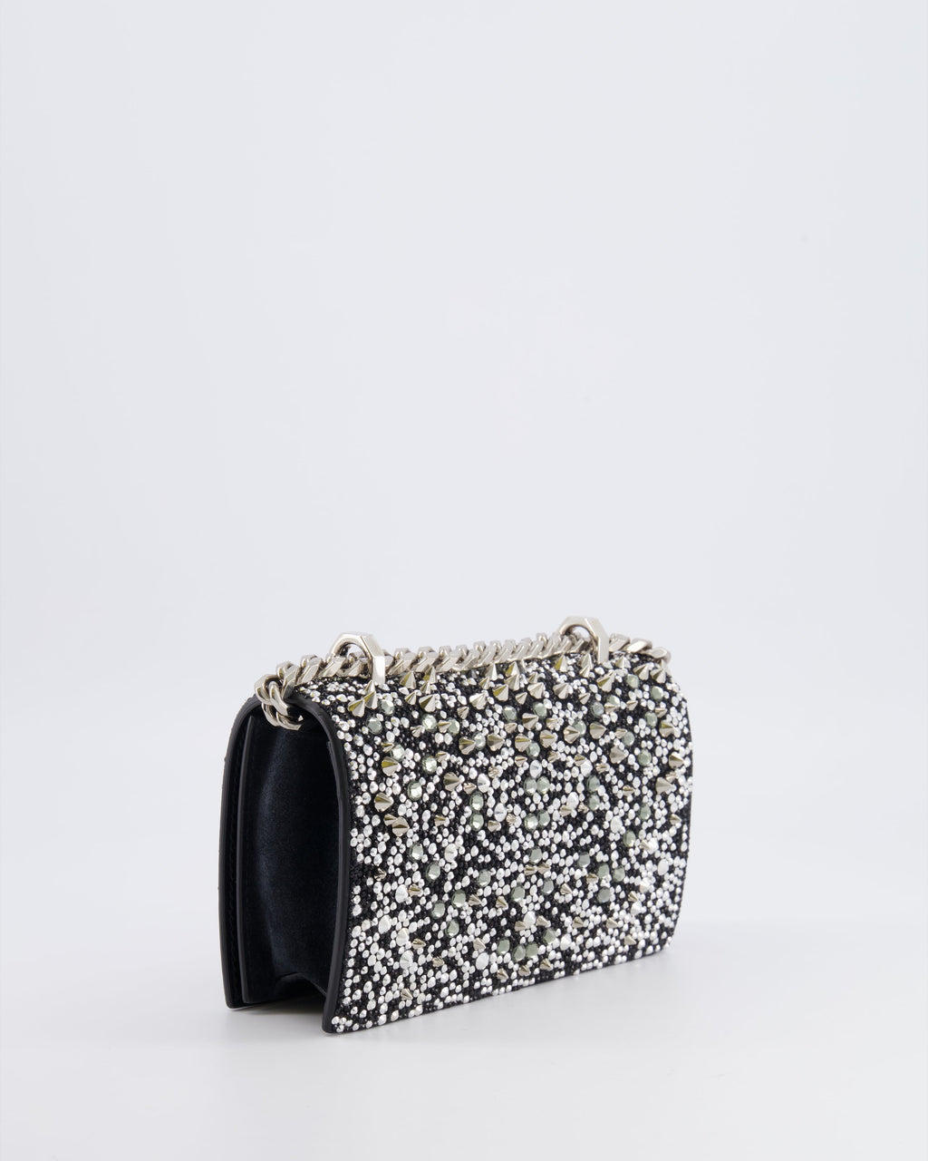 Alexander Mcqueen Black Crystal Embelished Suede Shoulder Bag with Skull and Spike Details