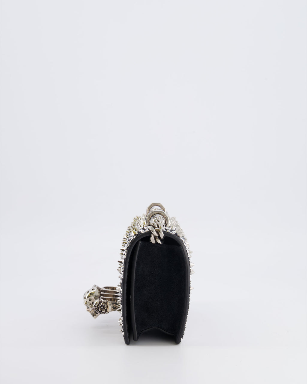 Alexander Mcqueen Black Crystal Embelished Suede Shoulder Bag with Skull and Spike Details
