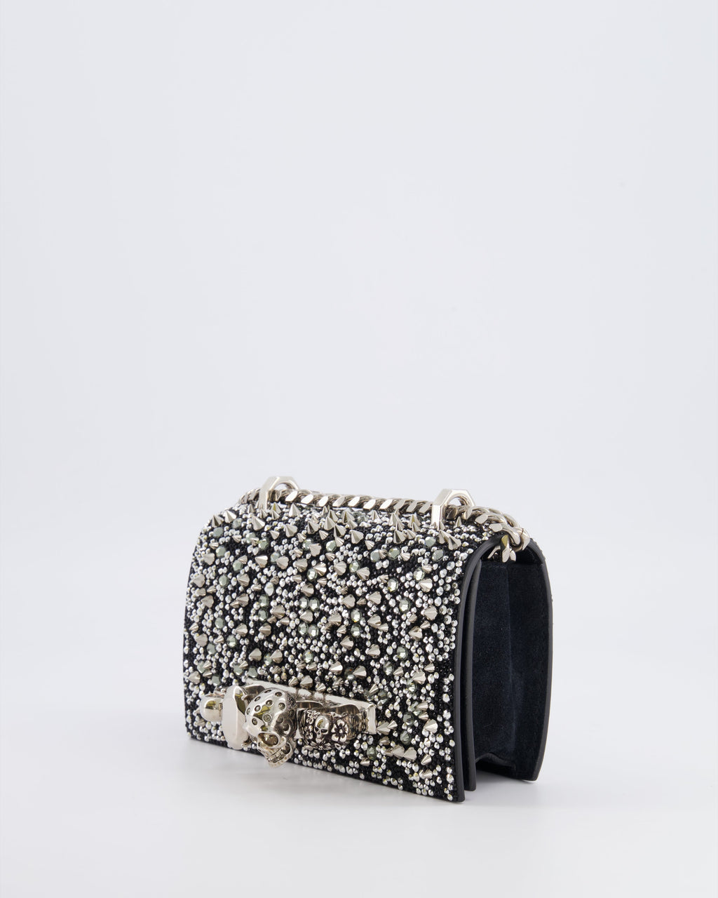 Alexander Mcqueen Black Crystal Embelished Suede Shoulder Bag with Skull and Spike Details
