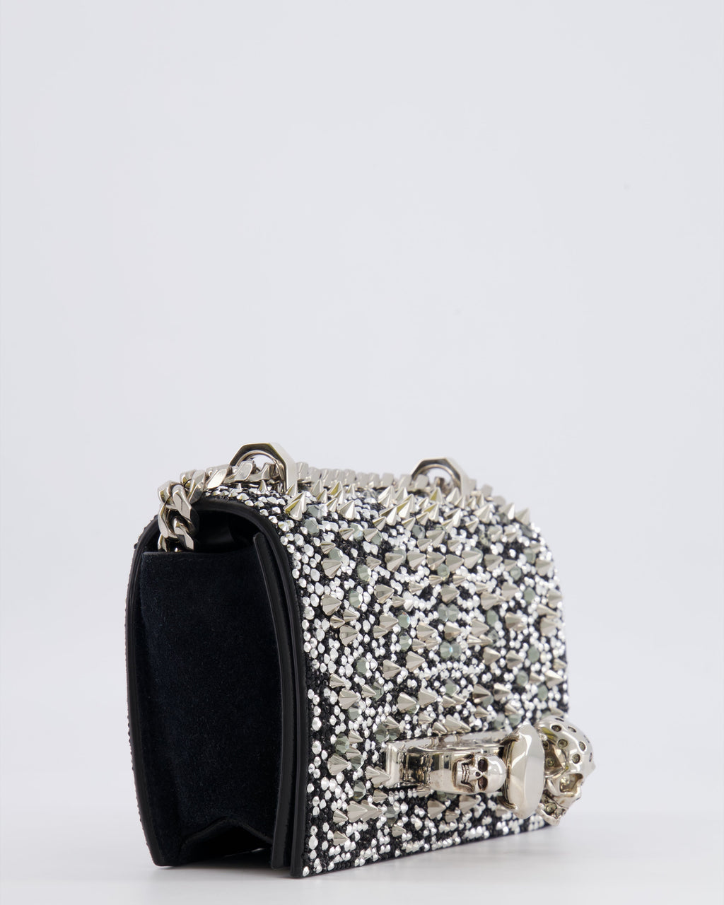 Alexander Mcqueen Black Crystal Embelished Suede Shoulder Bag with Skull and Spike Details