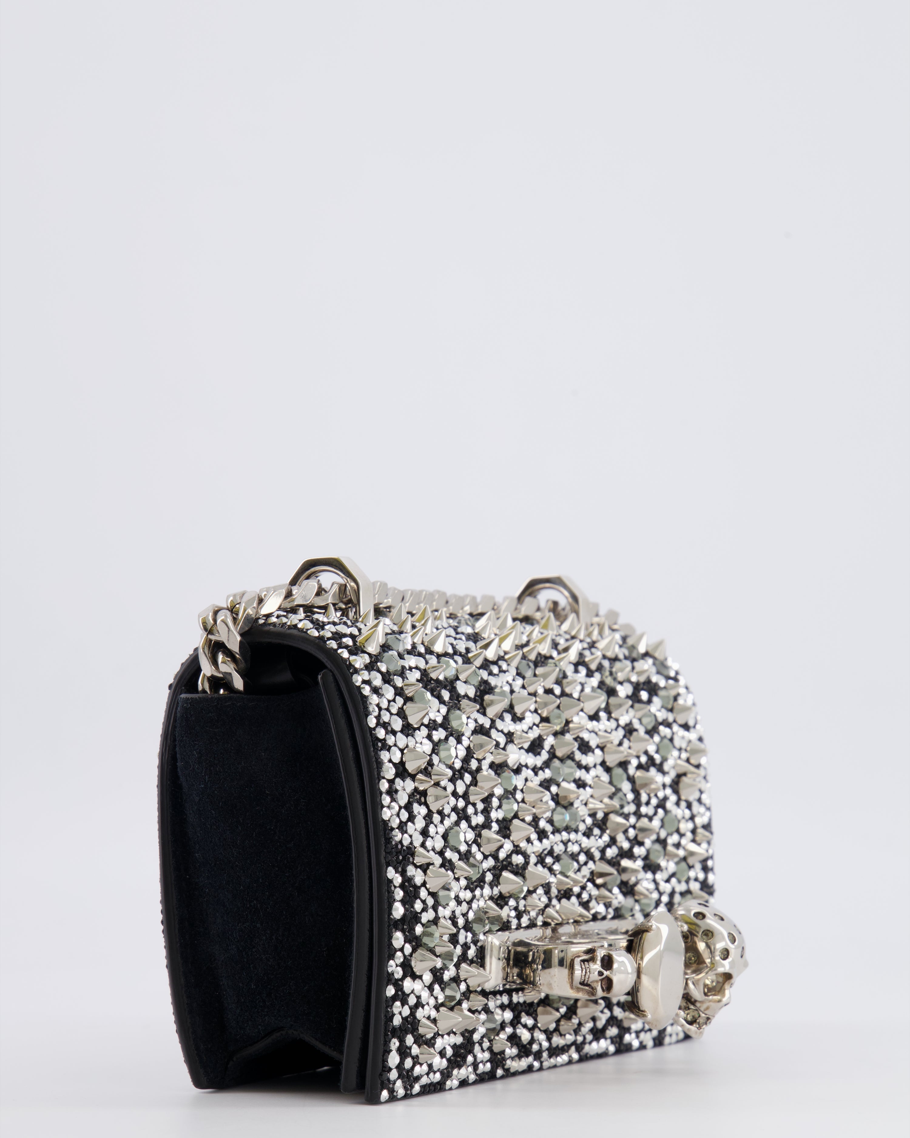 Alexander Mcqueen Black Crystal Embelished Suede Shoulder Bag with Skull and Spike Details