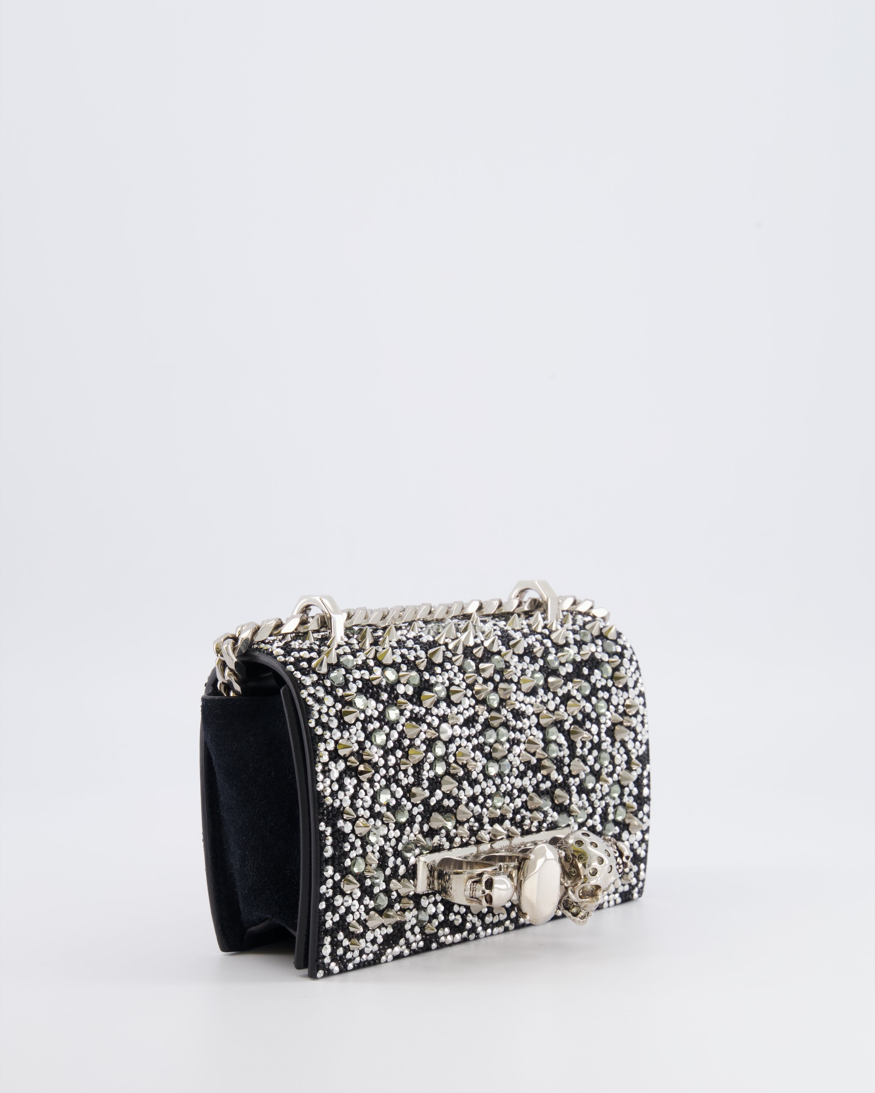 Alexander Mcqueen Black Crystal Embelished Suede Shoulder Bag with Skull and Spike Details