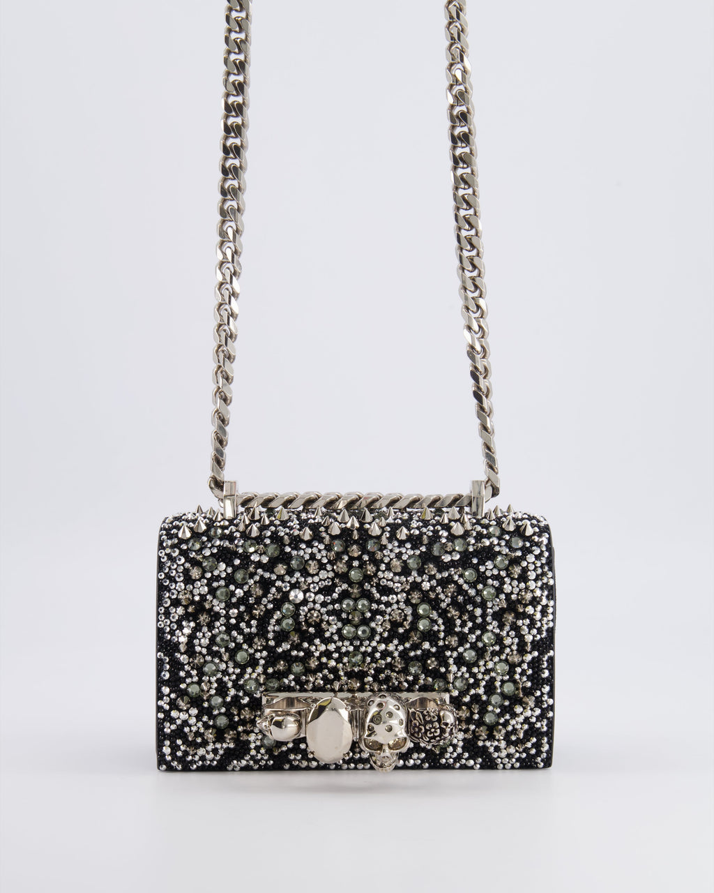 Alexander Mcqueen Black Crystal Embelished Suede Shoulder Bag with Skull and Spike Details
