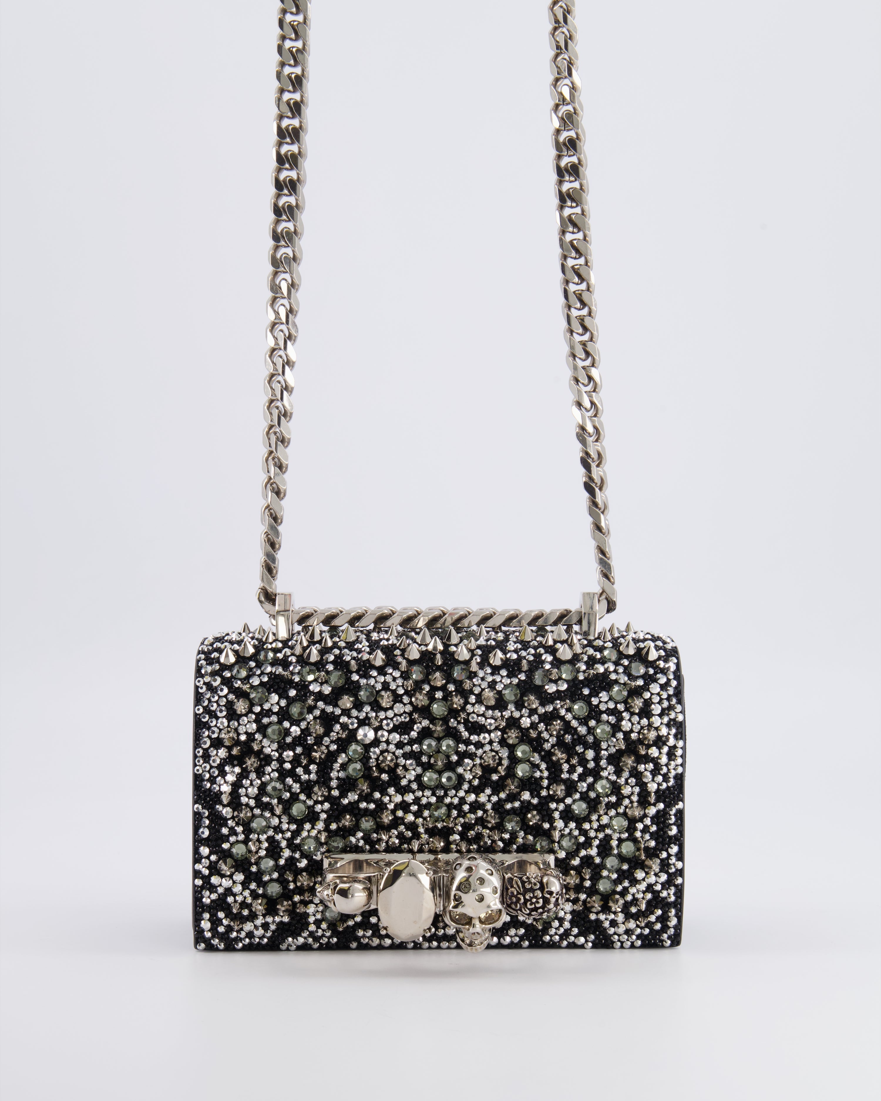 Alexander Mcqueen Black Crystal Embelished Suede Shoulder Bag with Skull and Spike Details