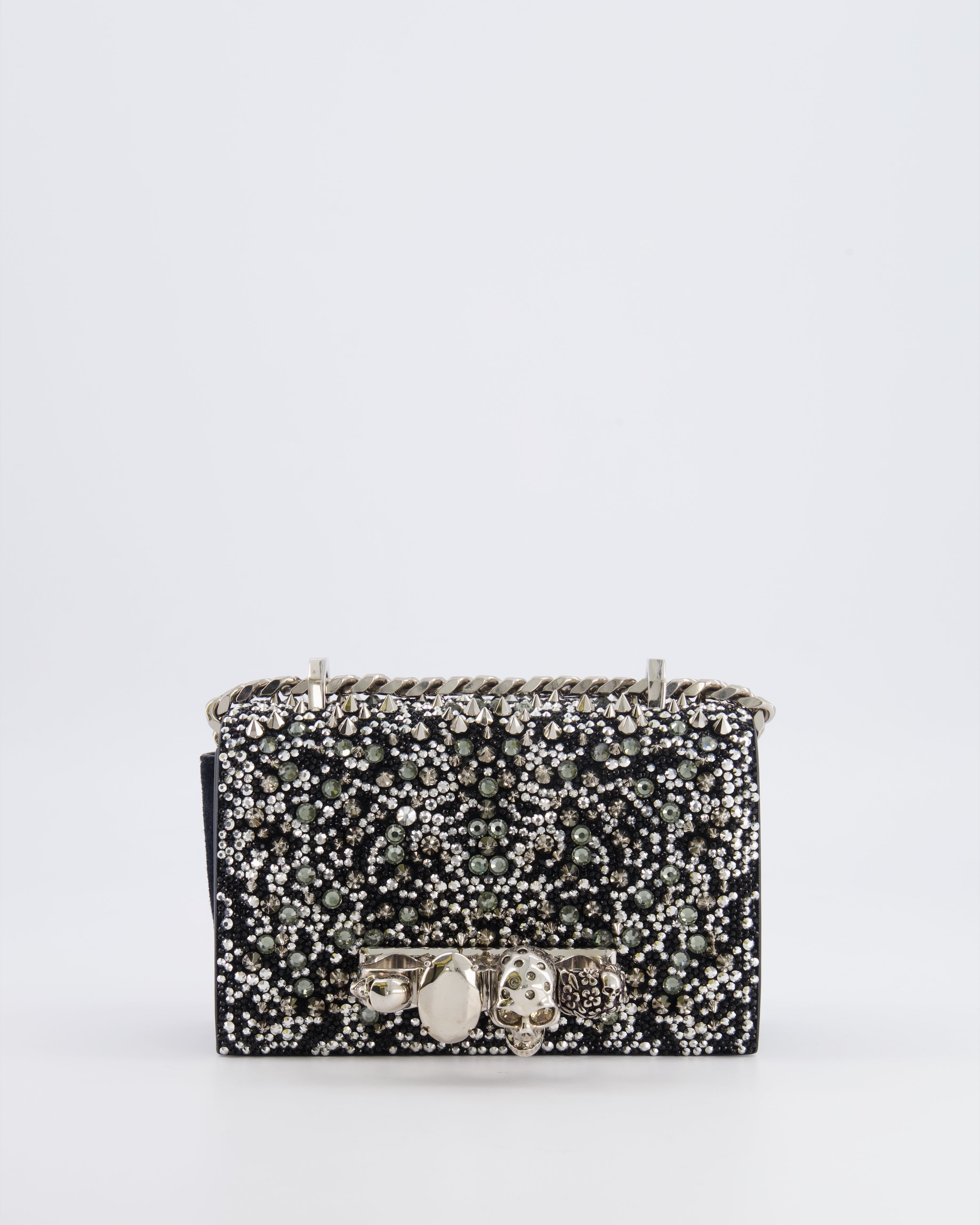 Alexander Mcqueen Black Crystal Embelished Suede Shoulder Bag with Skull and Spike Details