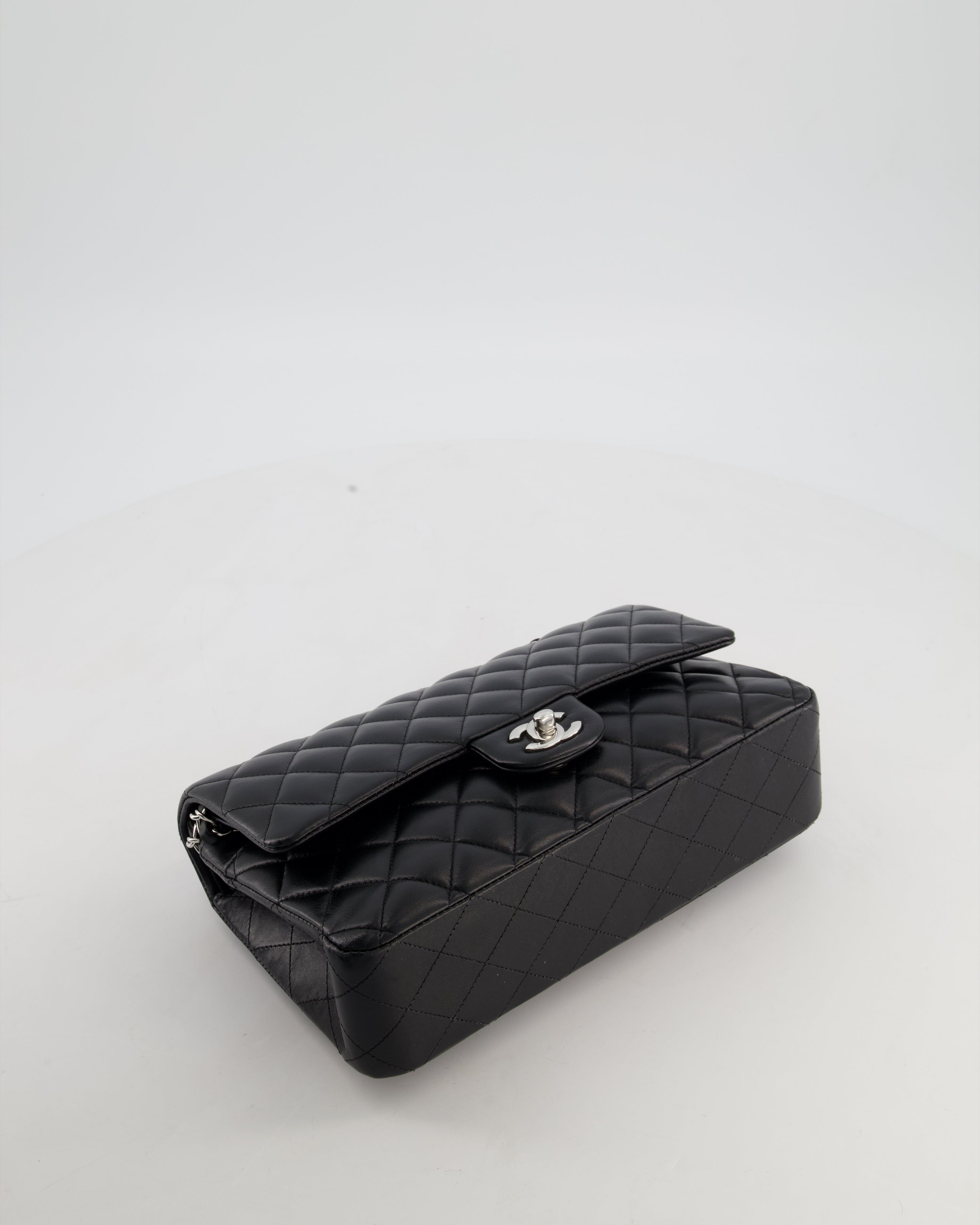 Chanel Black Medium Classic Double Flap Bag in Lambskin Leather with Silver Hardware