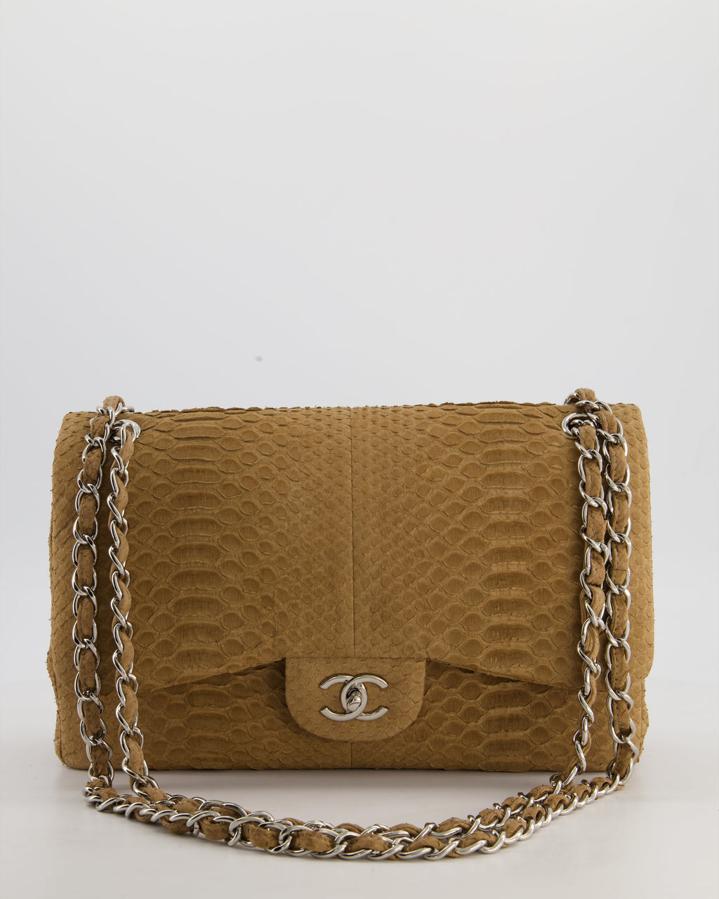 Chanel Beige Python Leather Jumbo Classic Double Flap Bag with Silver Hardware