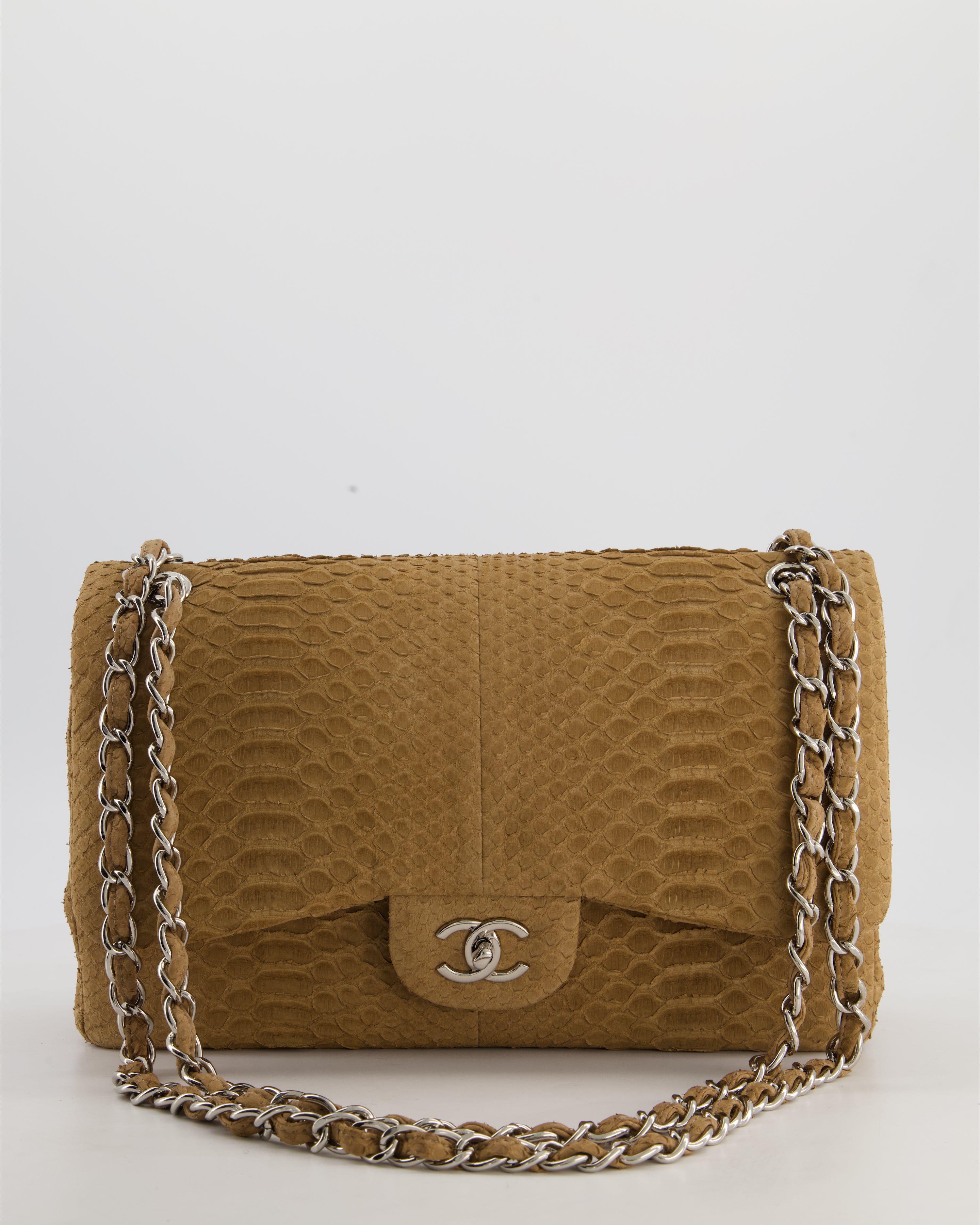 Chanel Beige Python Leather Jumbo Classic Double Flap Bag with Silver Hardware