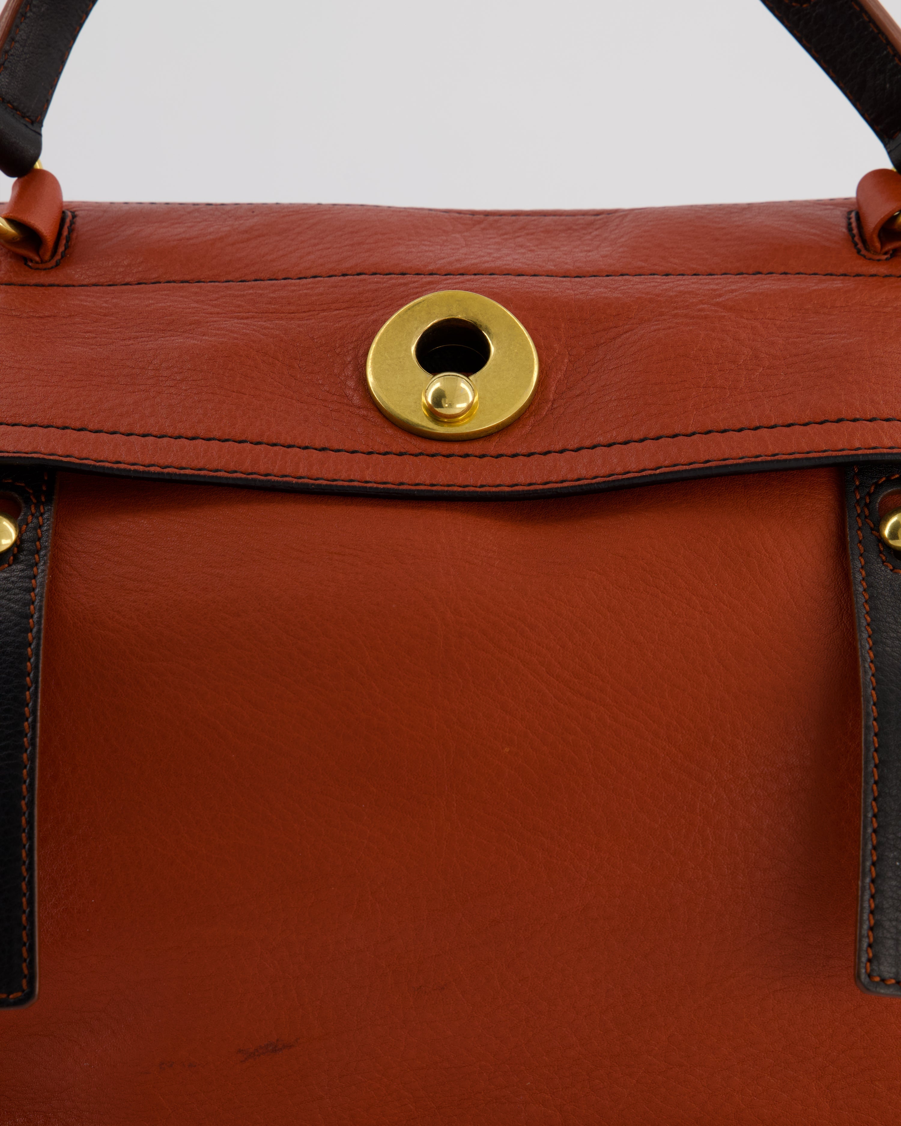 Yves Saint Laurent Vintage Red and Black Muse Two Bag in Grained Cognac Leather and Gold Hardware