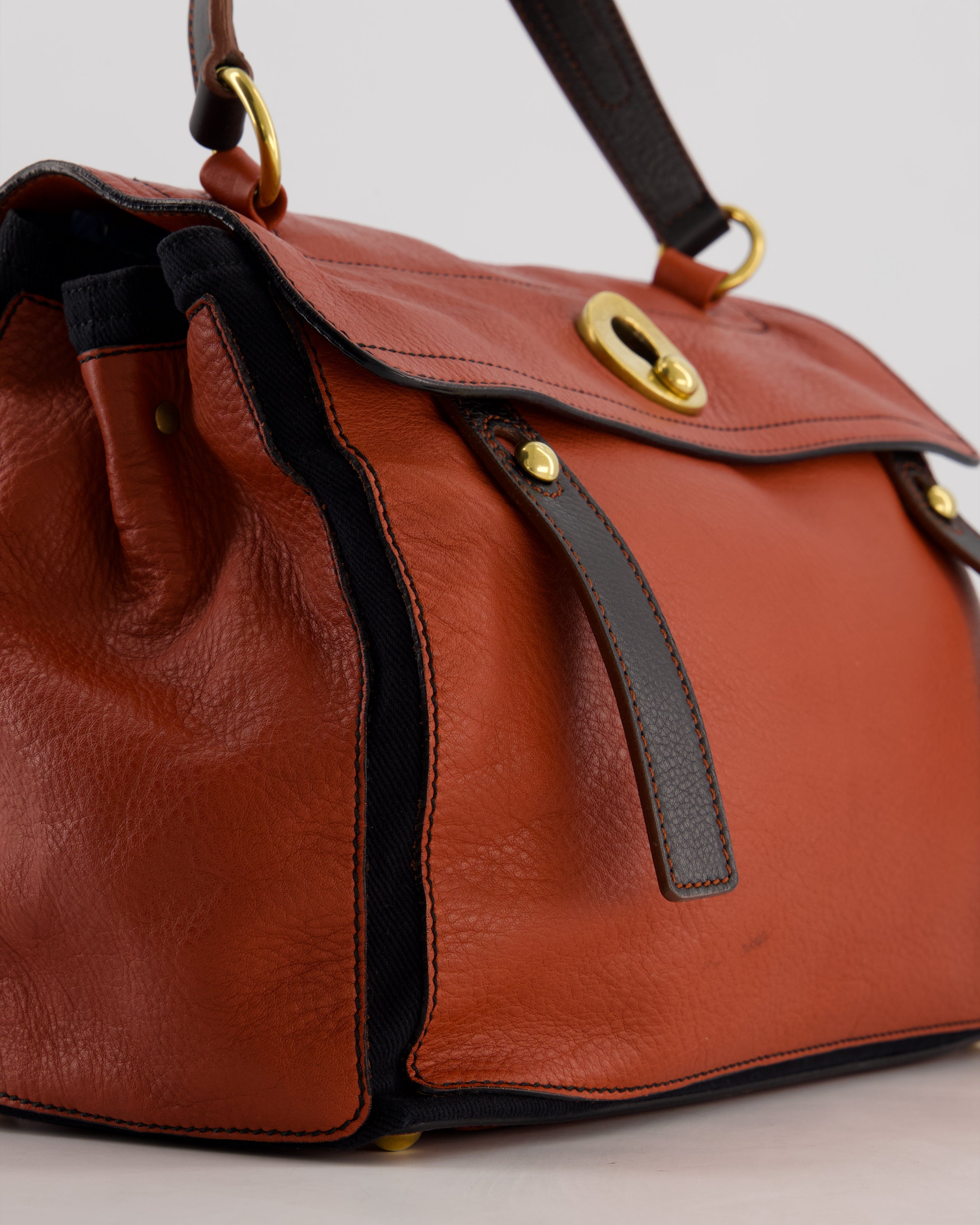Yves Saint Laurent Vintage Red and Black Muse Two Bag in Grained Cognac Leather and Gold Hardware
