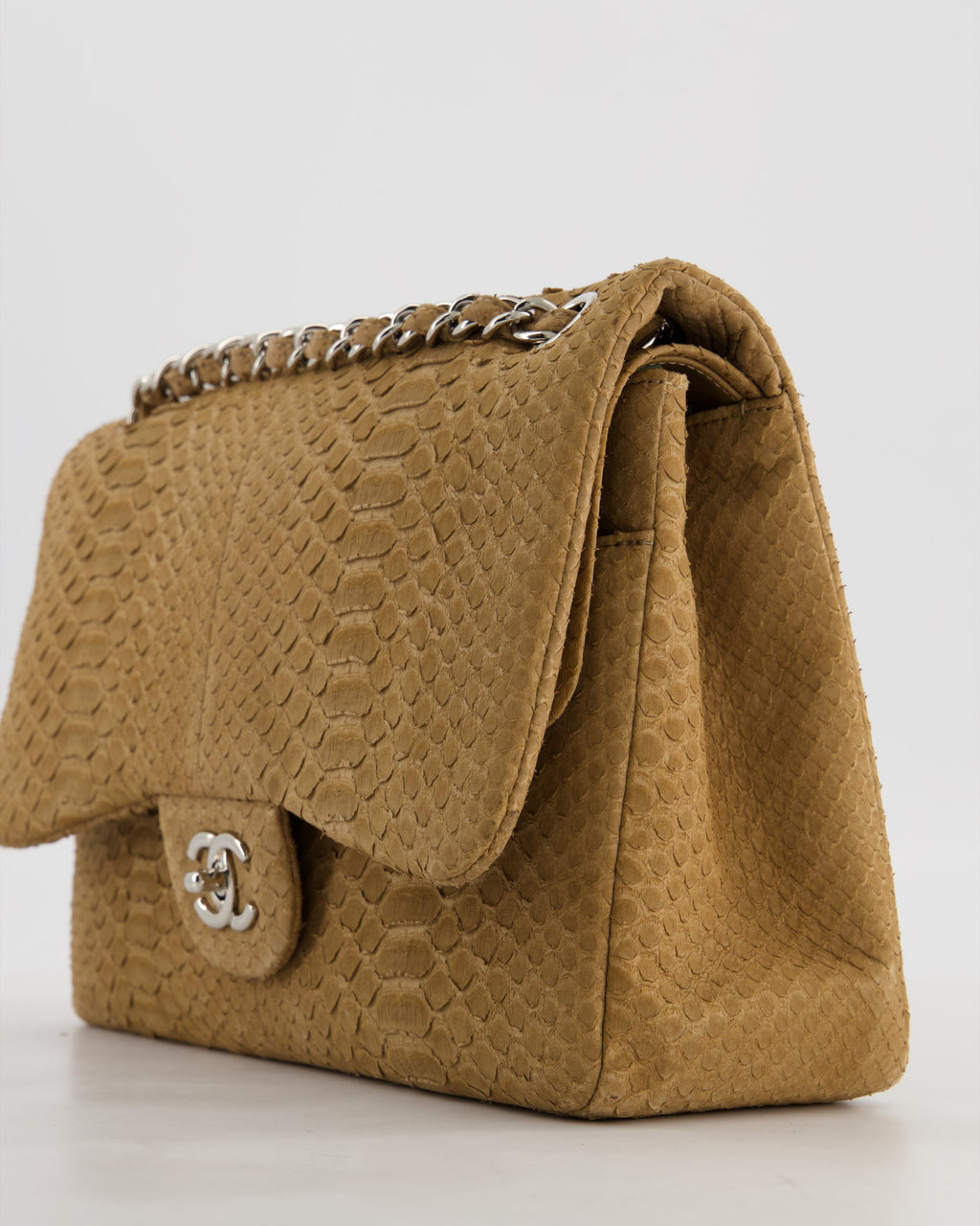 Chanel Beige Python Leather Jumbo Classic Double Flap Bag with Silver Hardware