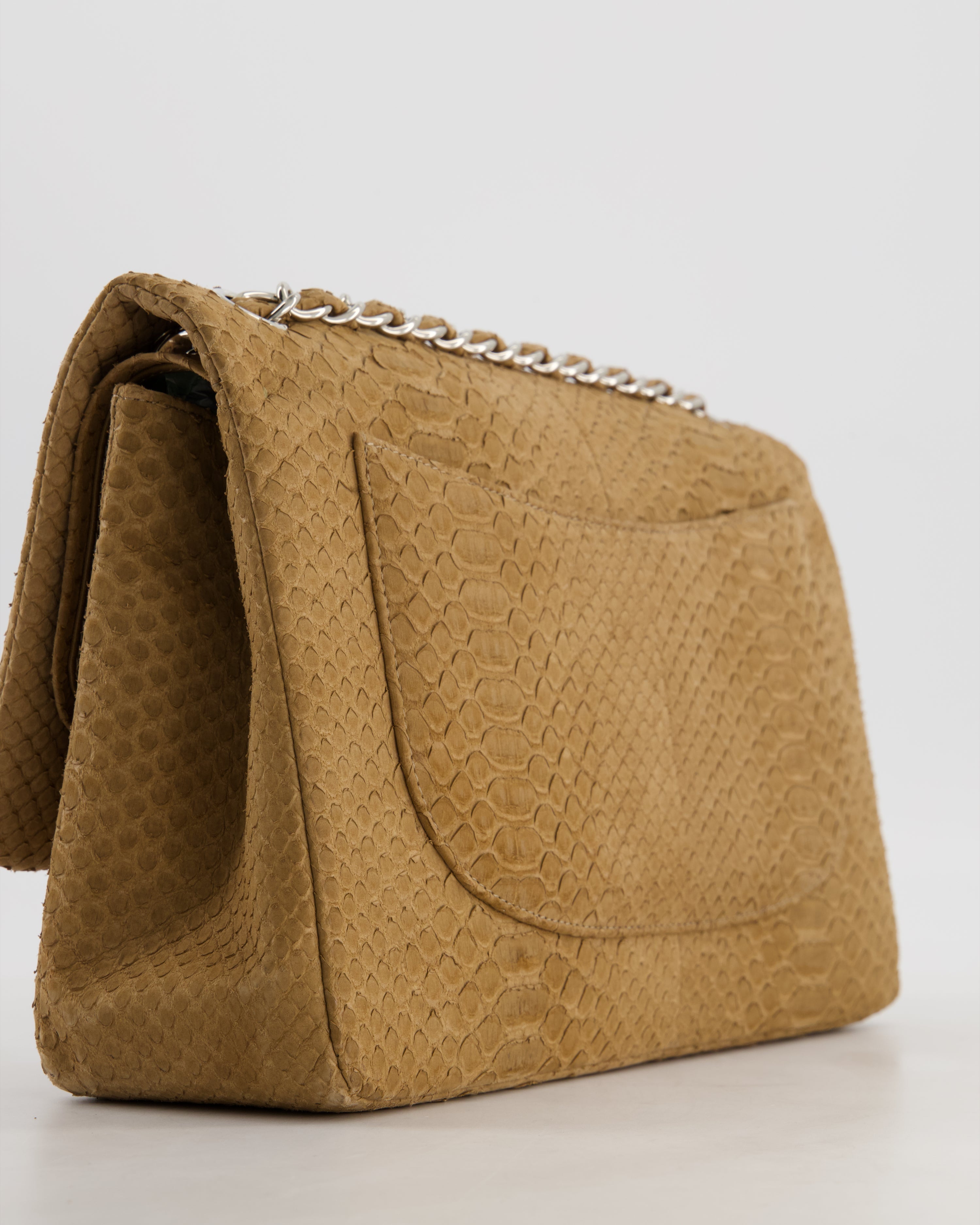 Chanel Beige Python Leather Jumbo Classic Double Flap Bag with Silver Hardware