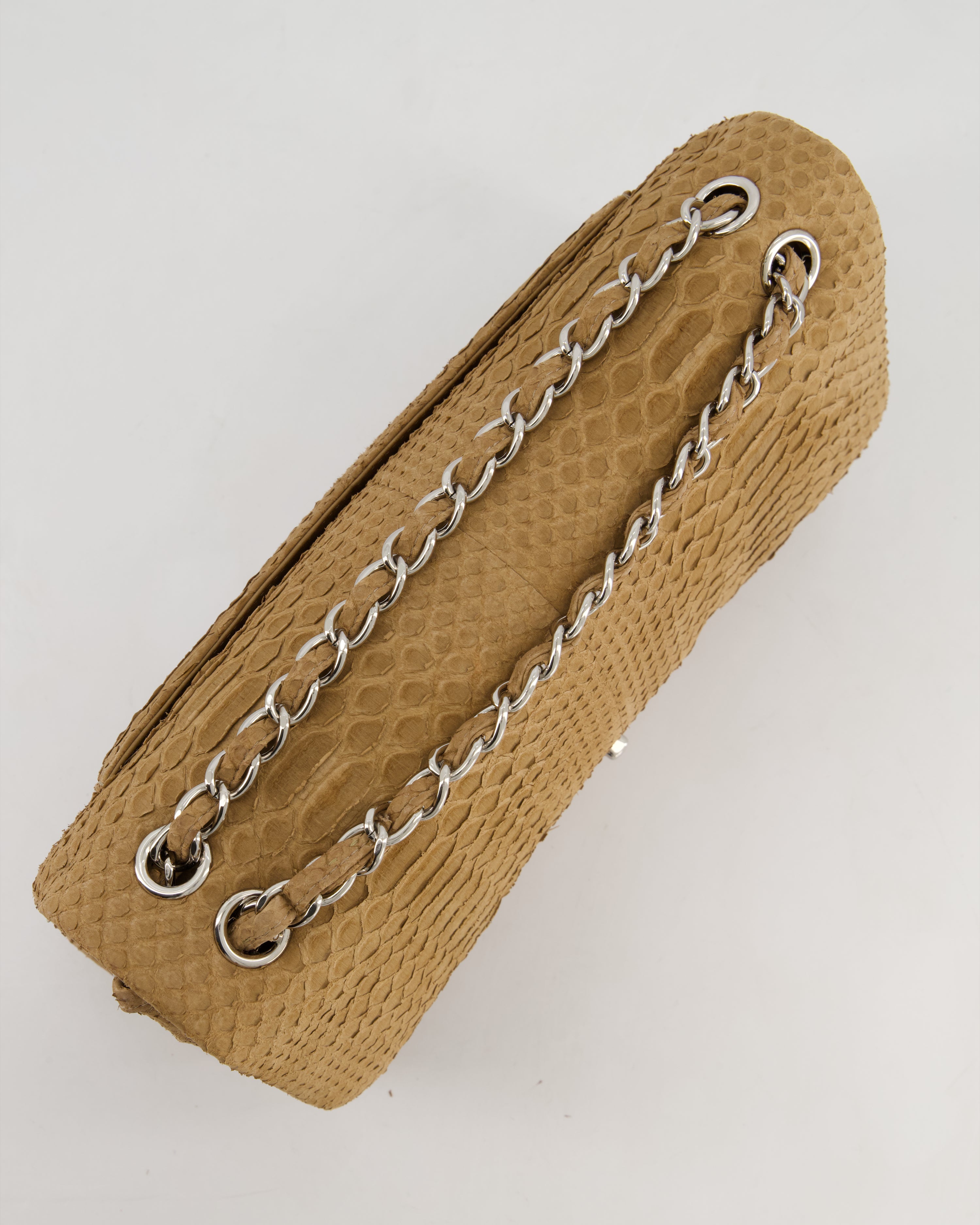Chanel Beige Python Leather Jumbo Classic Double Flap Bag with Silver Hardware