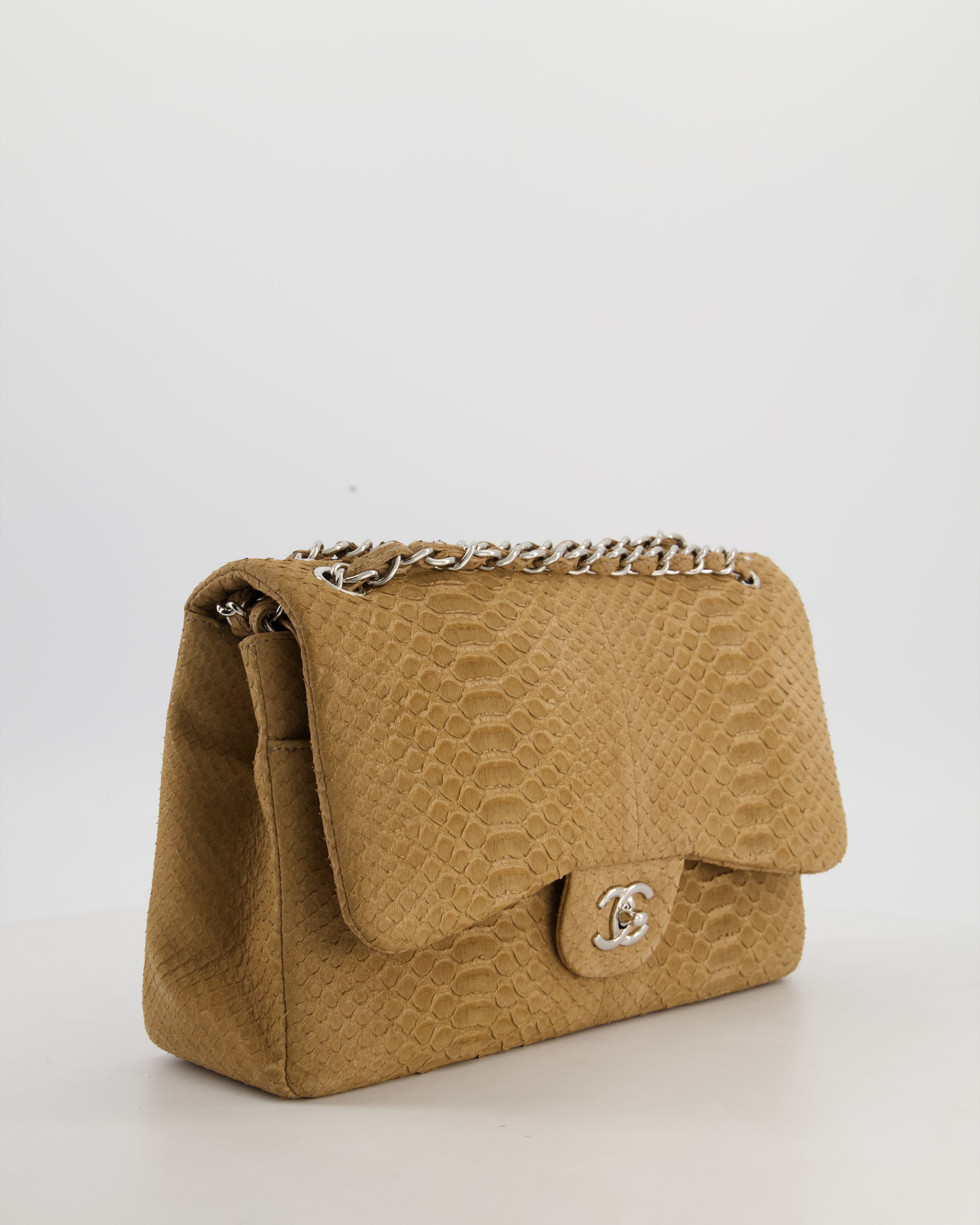 Chanel Beige Python Leather Jumbo Classic Double Flap Bag with Silver Hardware