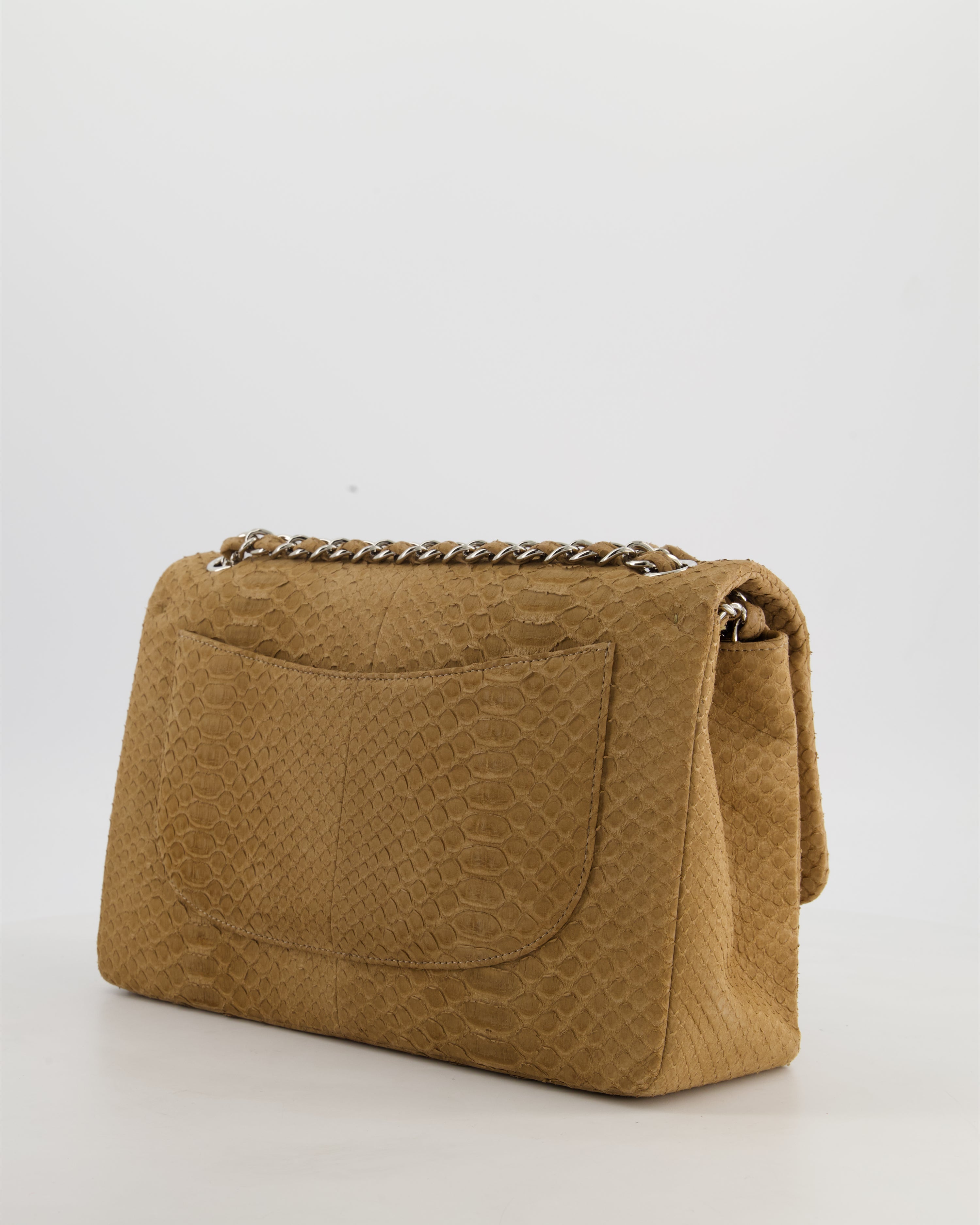 Chanel Beige Python Leather Jumbo Classic Double Flap Bag with Silver Hardware