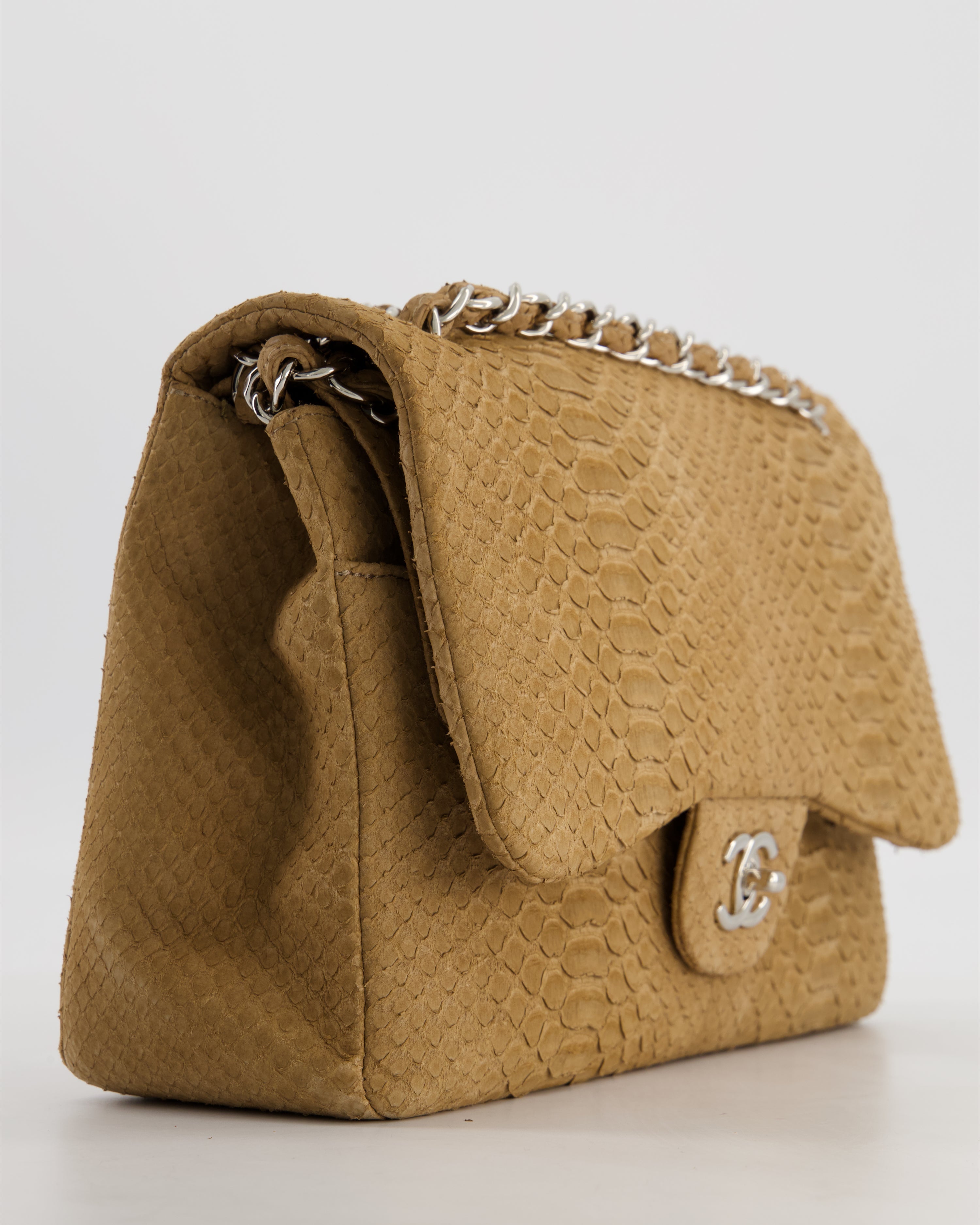 Chanel Beige Python Leather Jumbo Classic Double Flap Bag with Silver Hardware