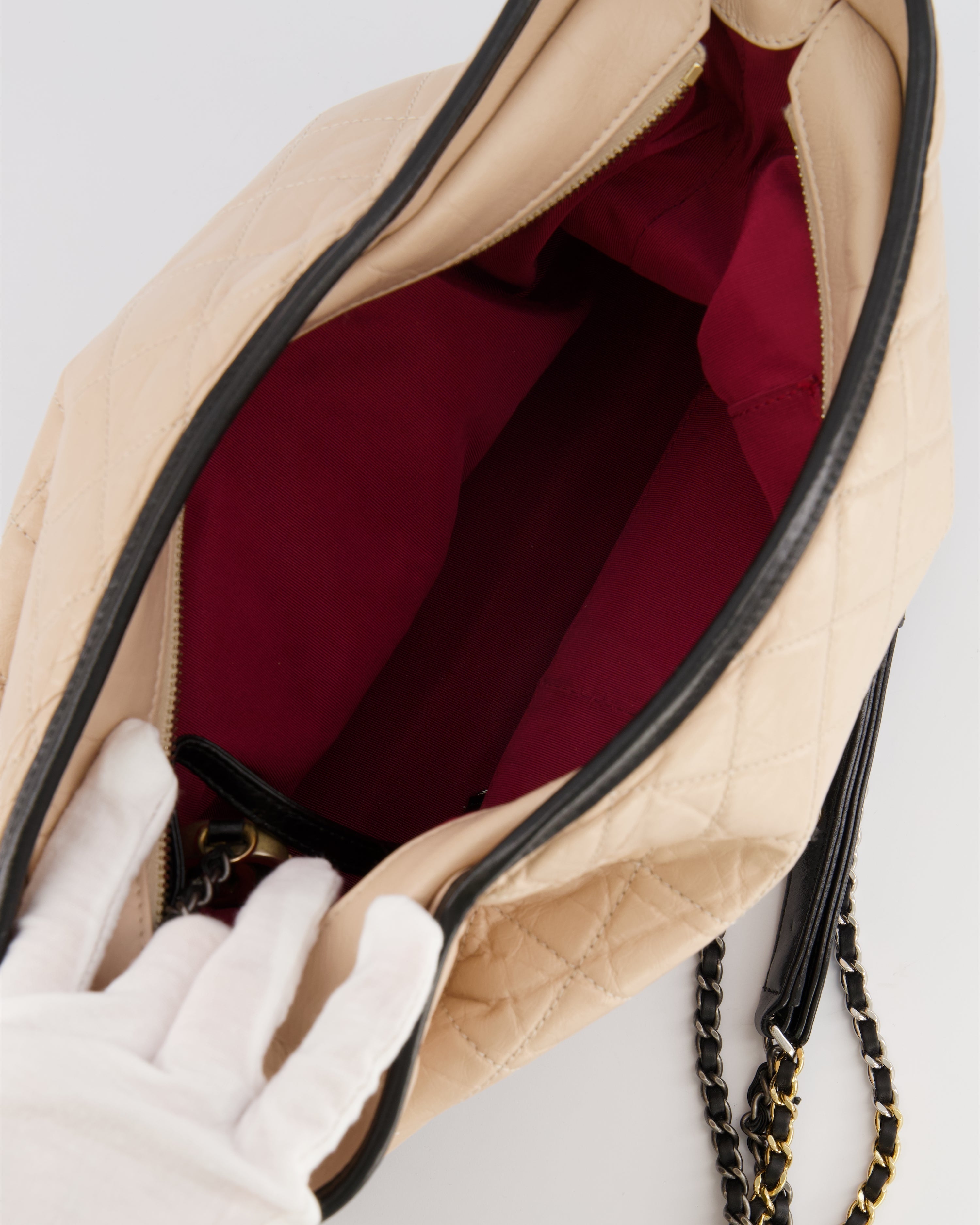 Chanel Large Gabrielle Bag in Beige and Black Crumpled Calfskin Leather with Mixed Hardware