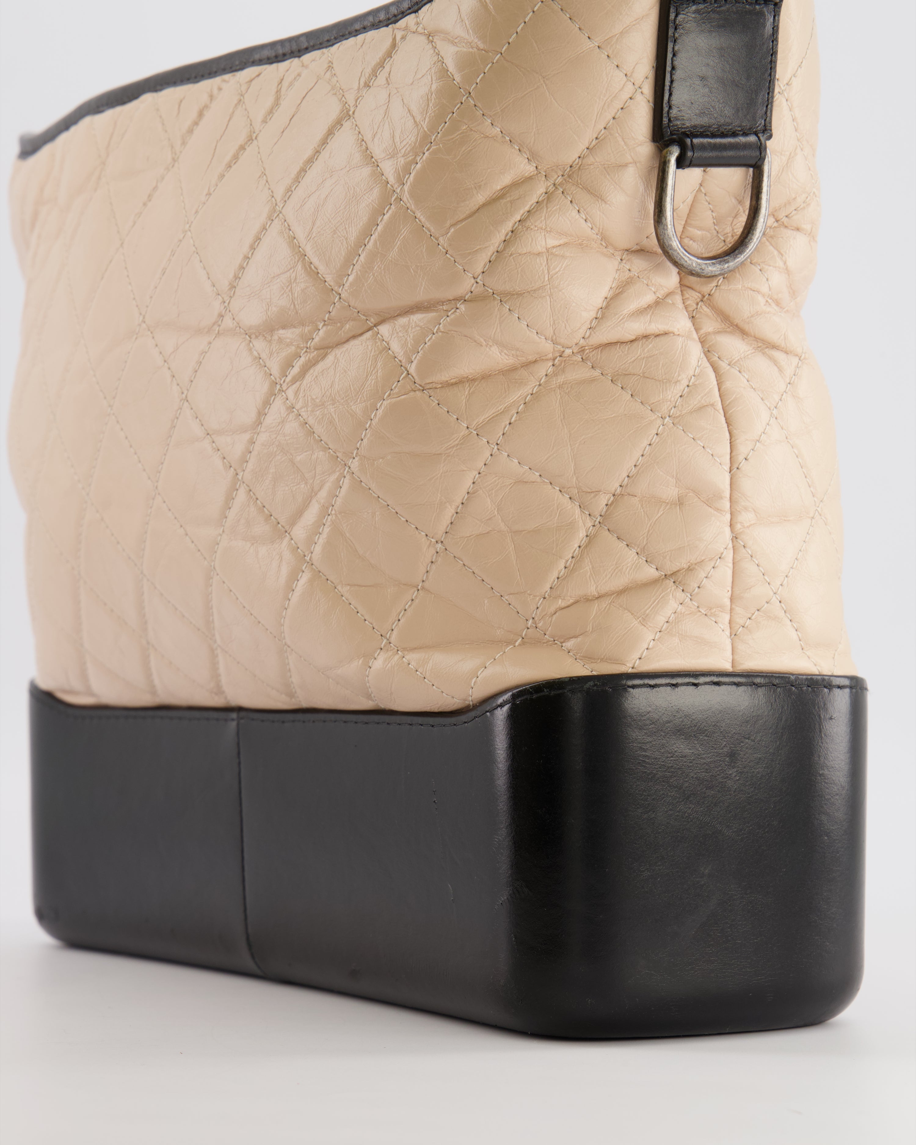 Chanel Large Gabrielle Bag in Beige and Black Crumpled Calfskin Leather with Mixed Hardware