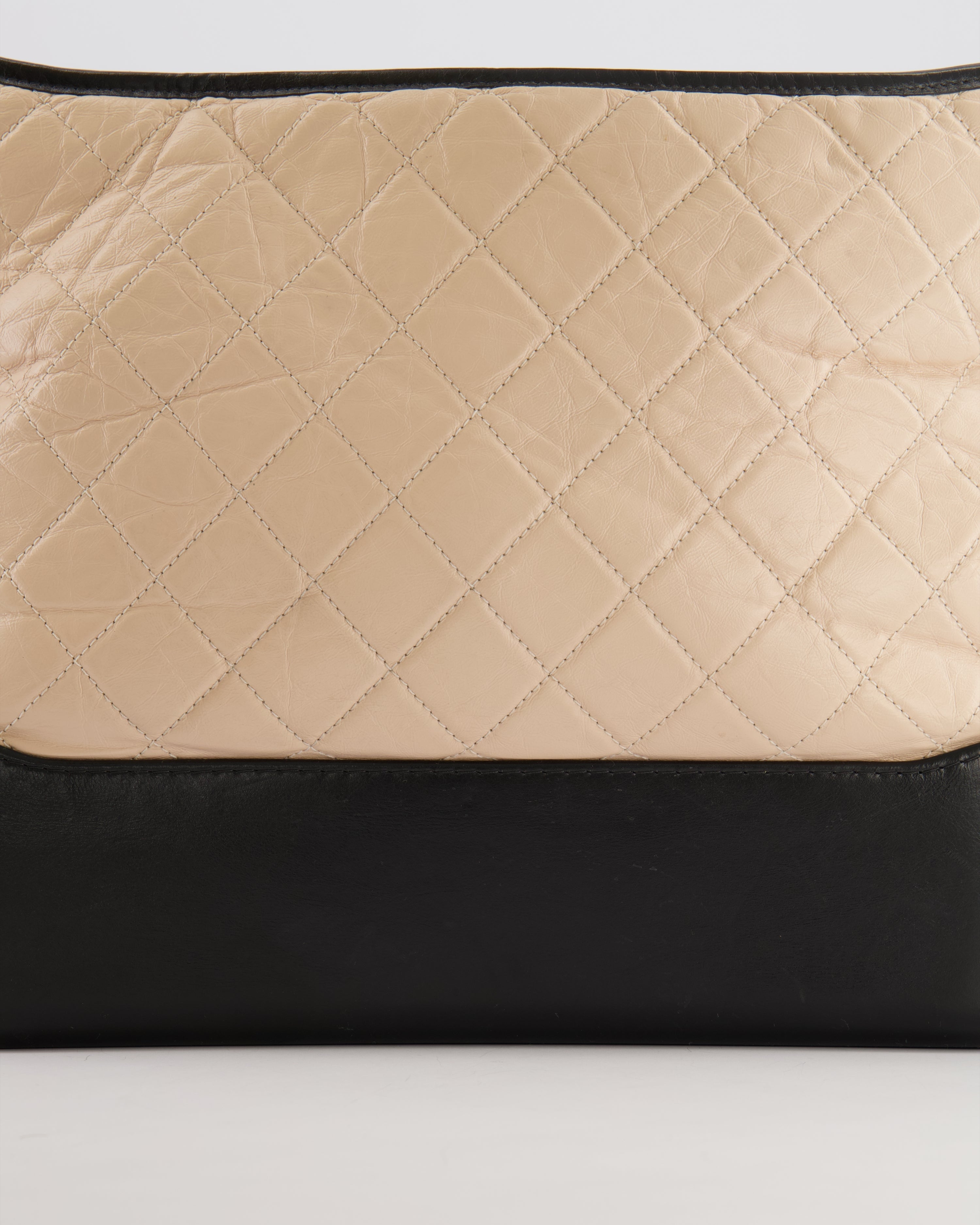 Chanel Large Gabrielle Bag in Beige and Black Crumpled Calfskin Leather with Mixed Hardware