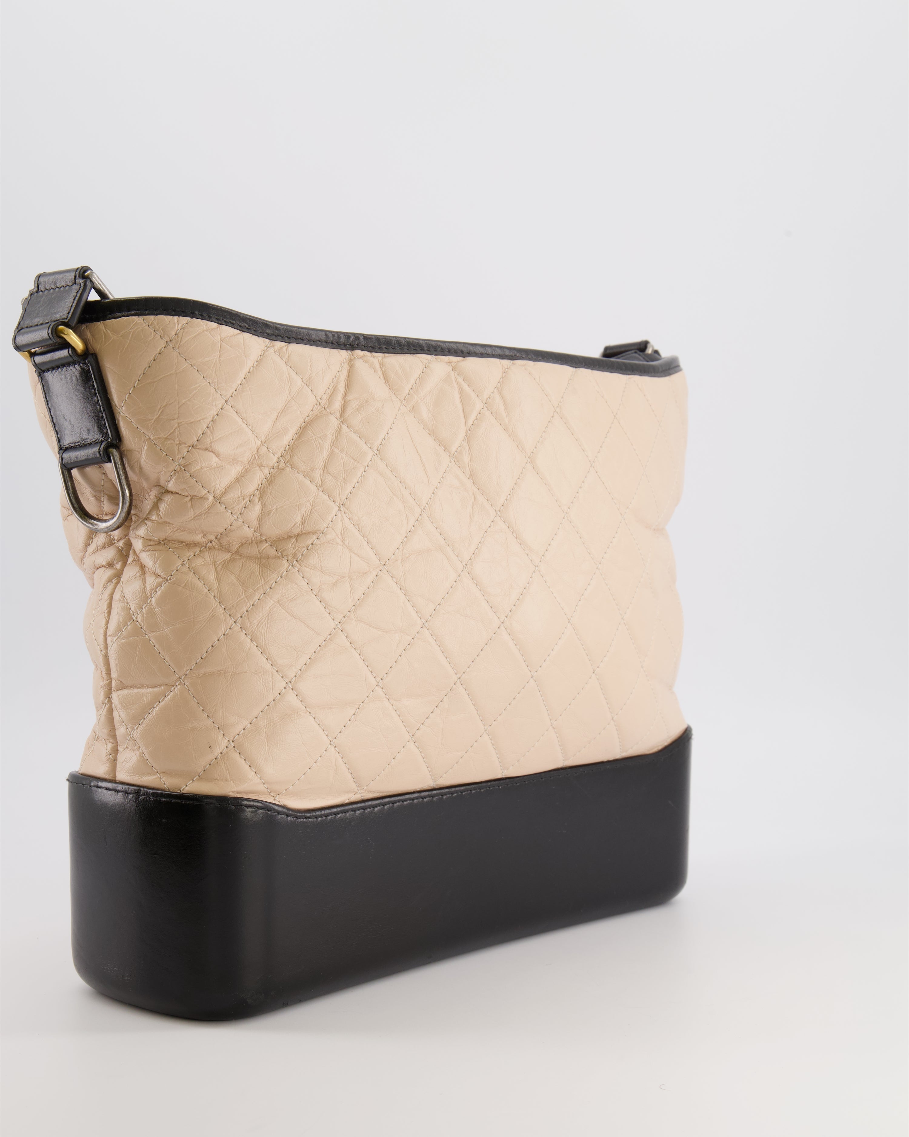Chanel Large Gabrielle Bag in Beige and Black Crumpled Calfskin Leather with Mixed Hardware