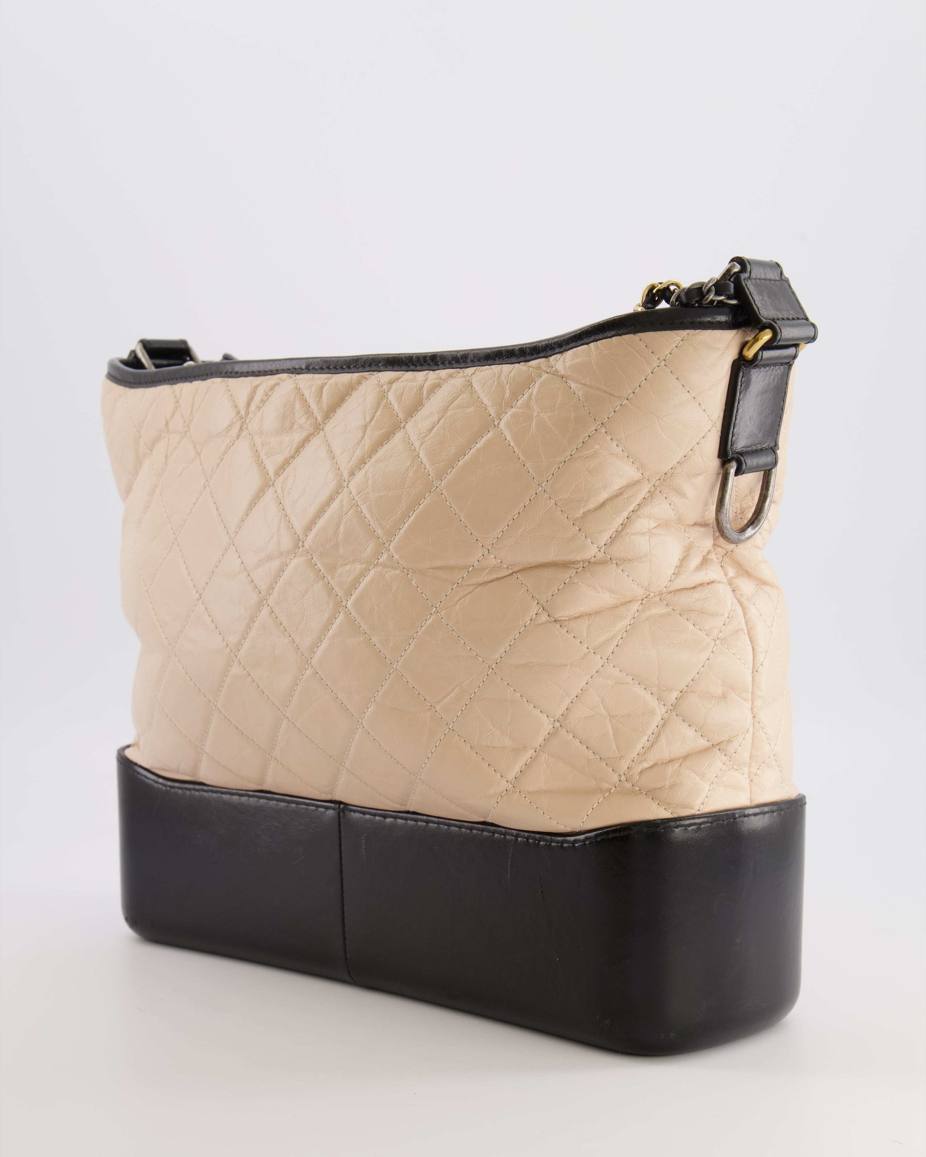 Chanel Large Gabrielle Bag in Beige and Black Crumpled Calfskin Leather with Mixed Hardware