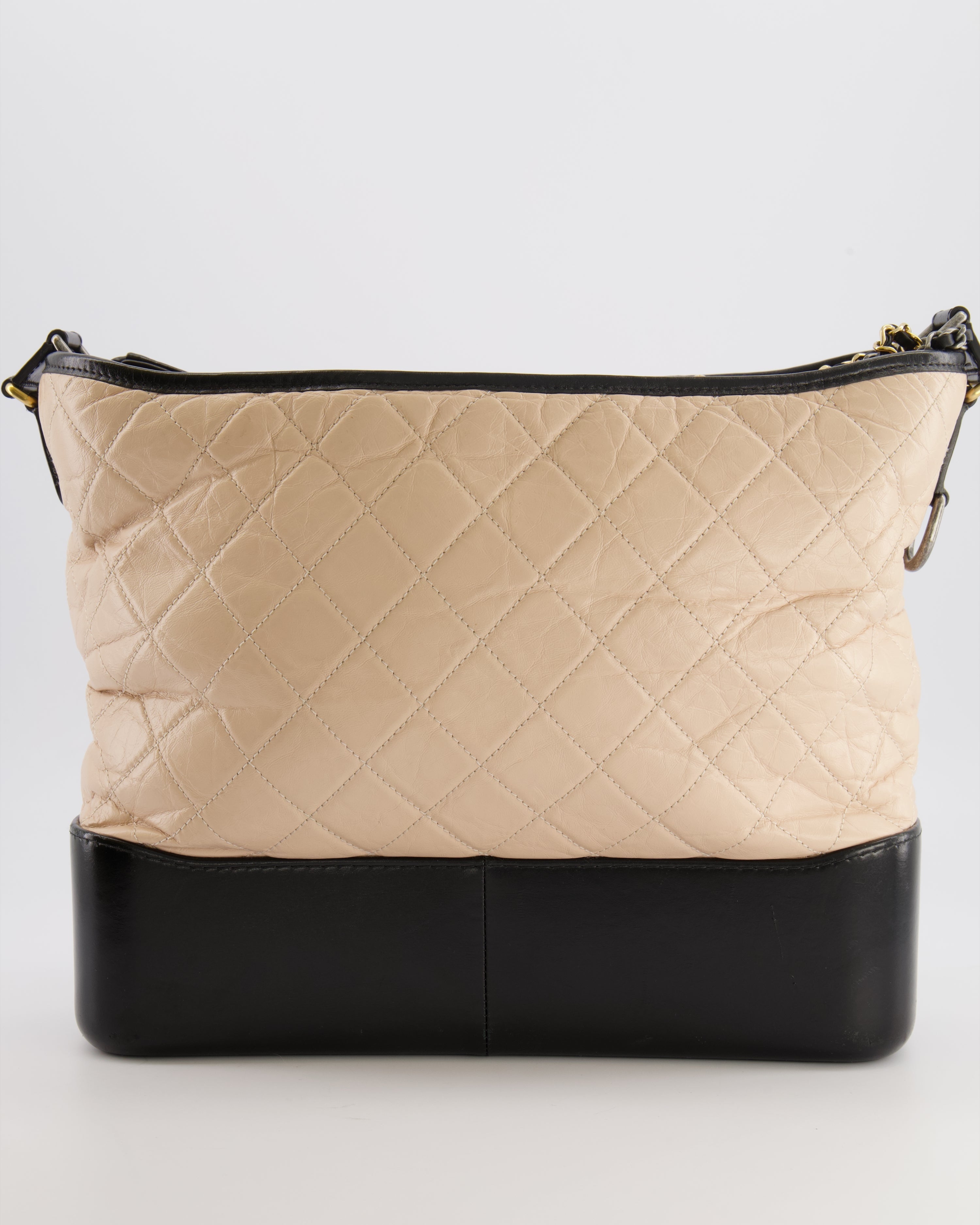 Chanel Large Gabrielle Bag in Beige and Black Crumpled Calfskin Leather with Mixed Hardware