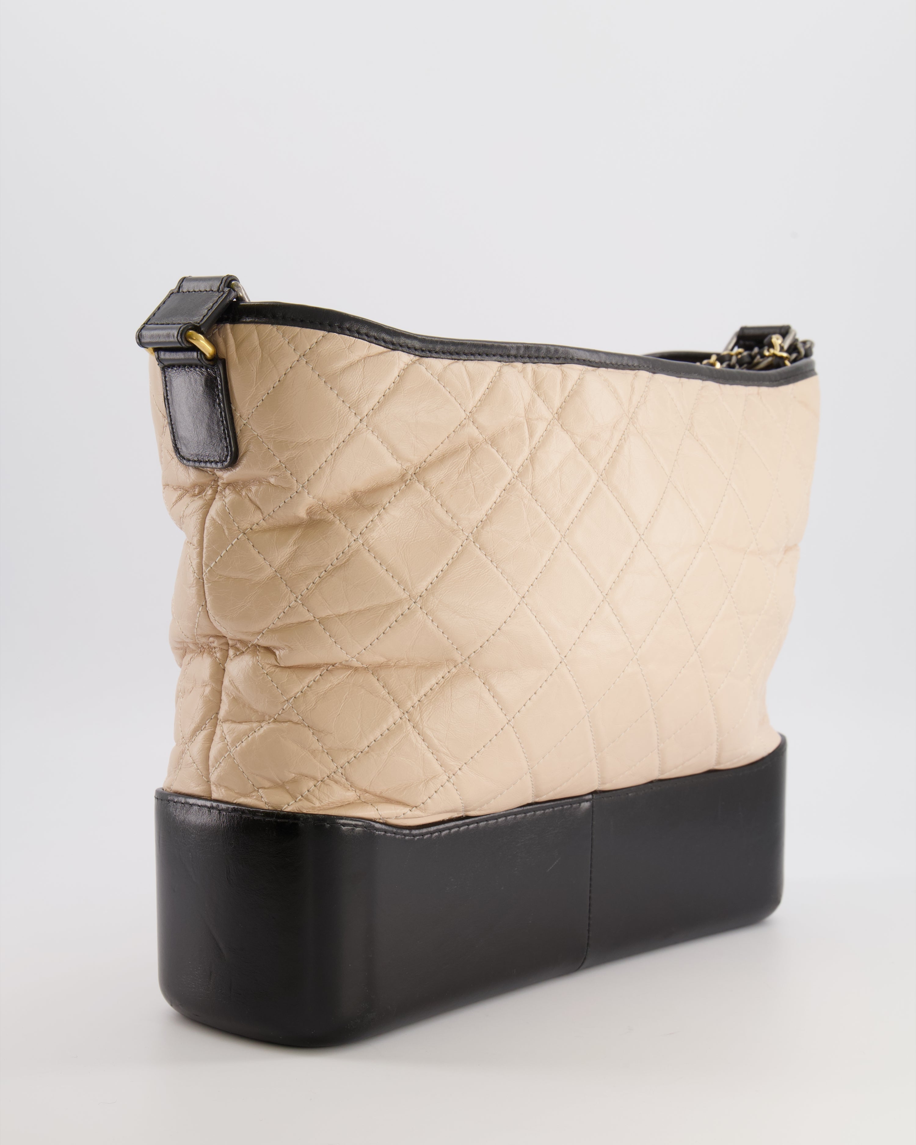 Chanel Large Gabrielle Bag in Beige and Black Crumpled Calfskin Leather with Mixed Hardware