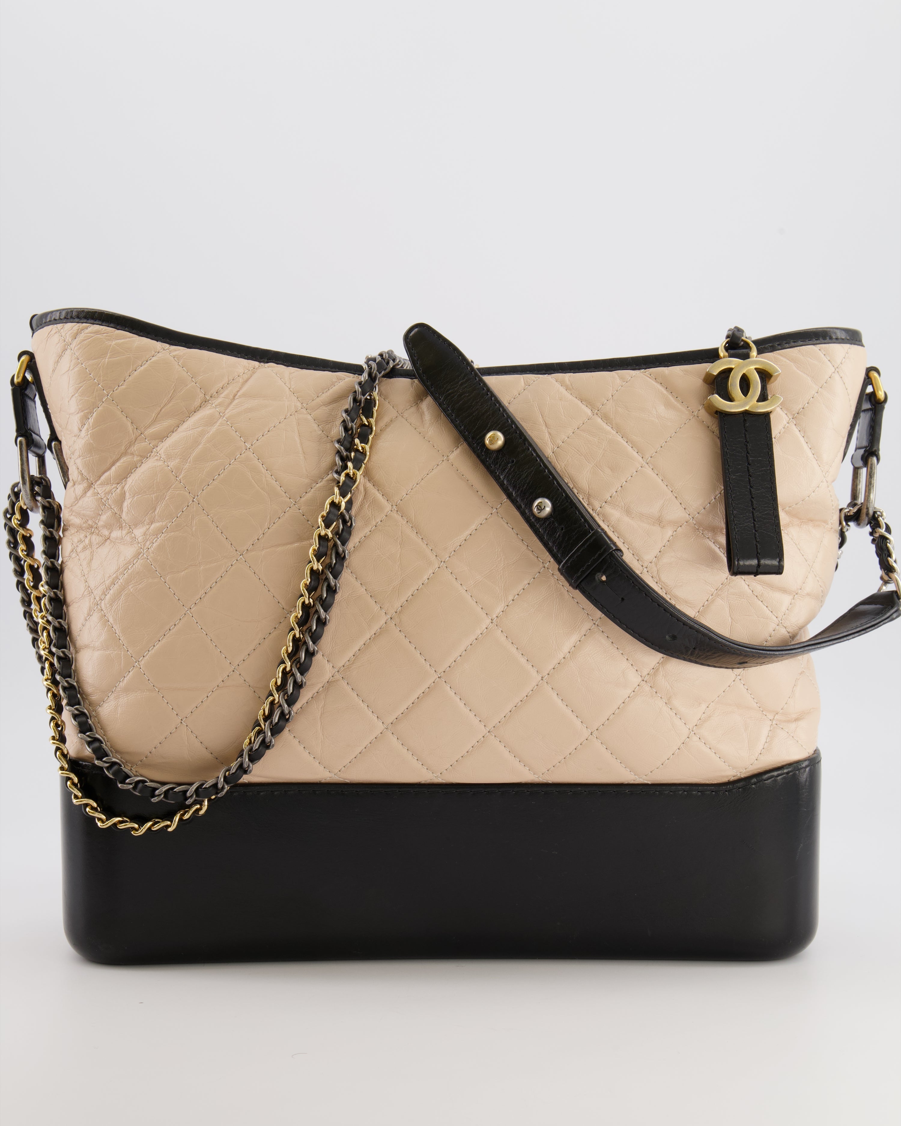 Chanel Large Gabrielle Bag in Beige and Black Crumpled Calfskin Leather with Mixed Hardware
