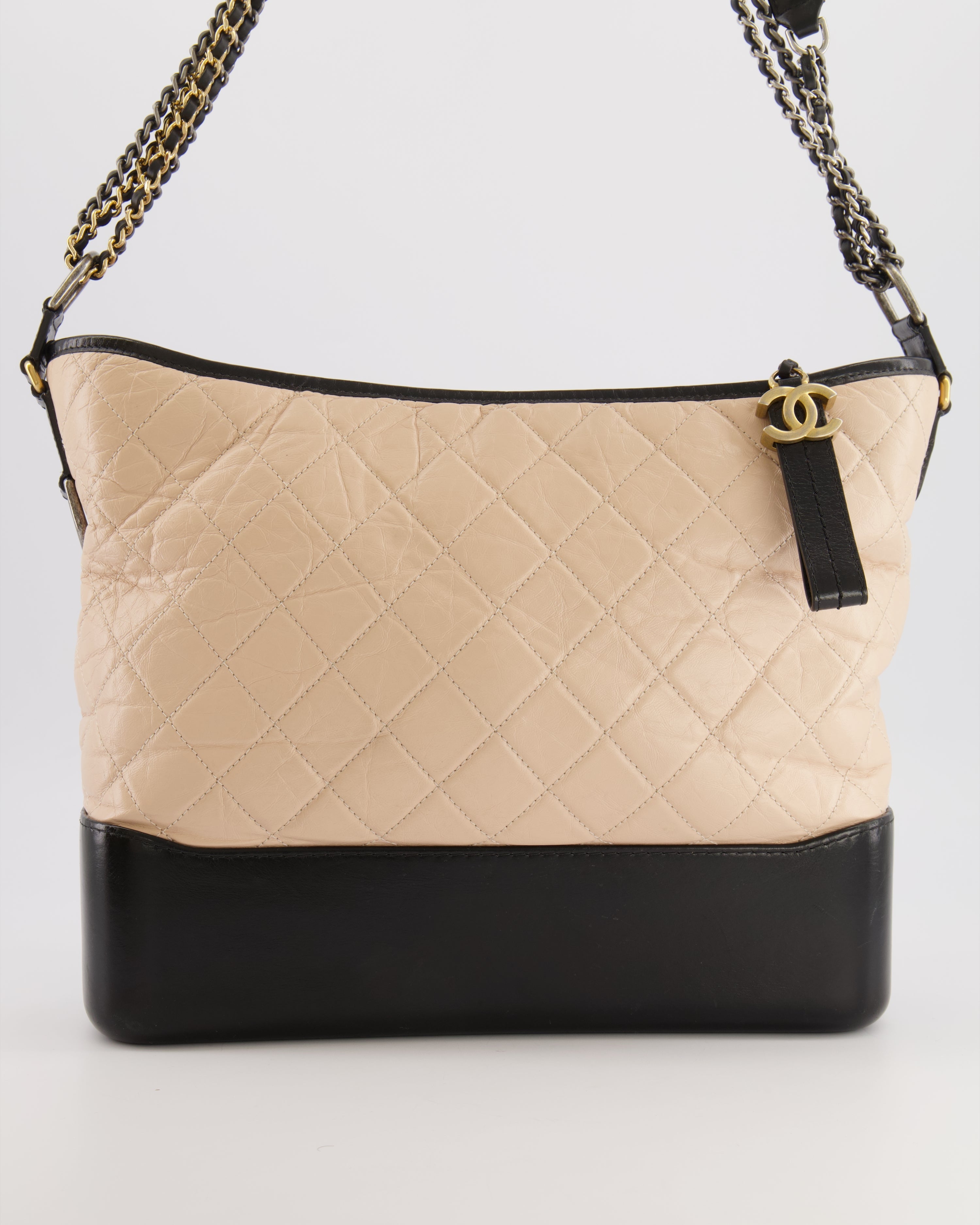 Chanel Large Gabrielle Bag in Beige and Black Crumpled Calfskin Leather with Mixed Hardware