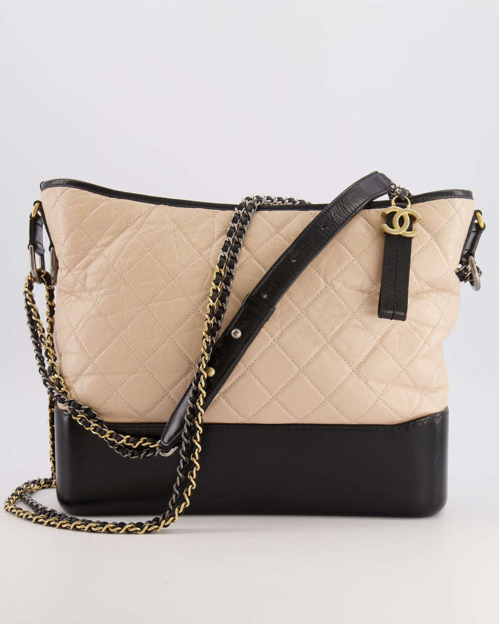 Chanel Large Gabrielle Bag in Beige and Black Crumpled Calfskin Leather with Mixed Hardware