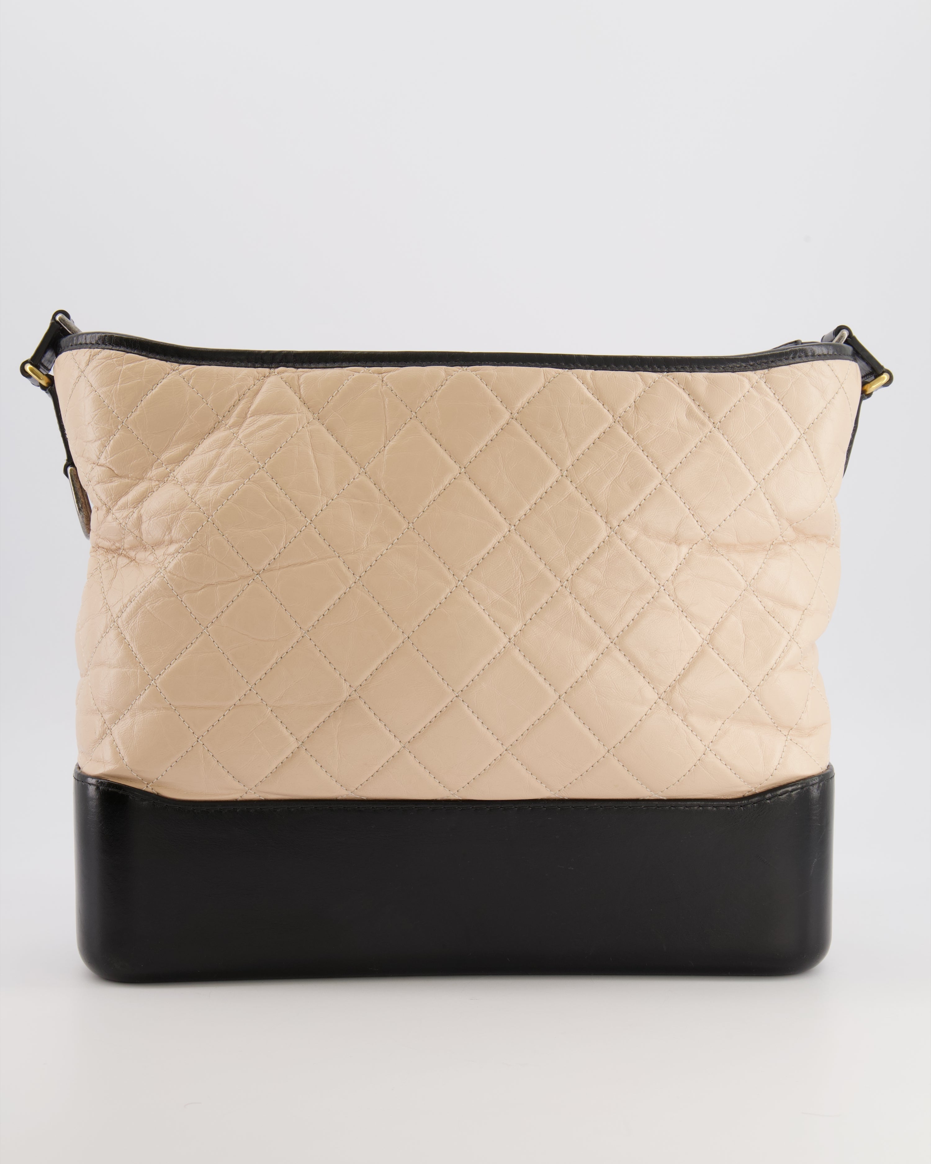 Chanel Large Gabrielle Bag in Beige and Black Crumpled Calfskin Leather with Mixed Hardware