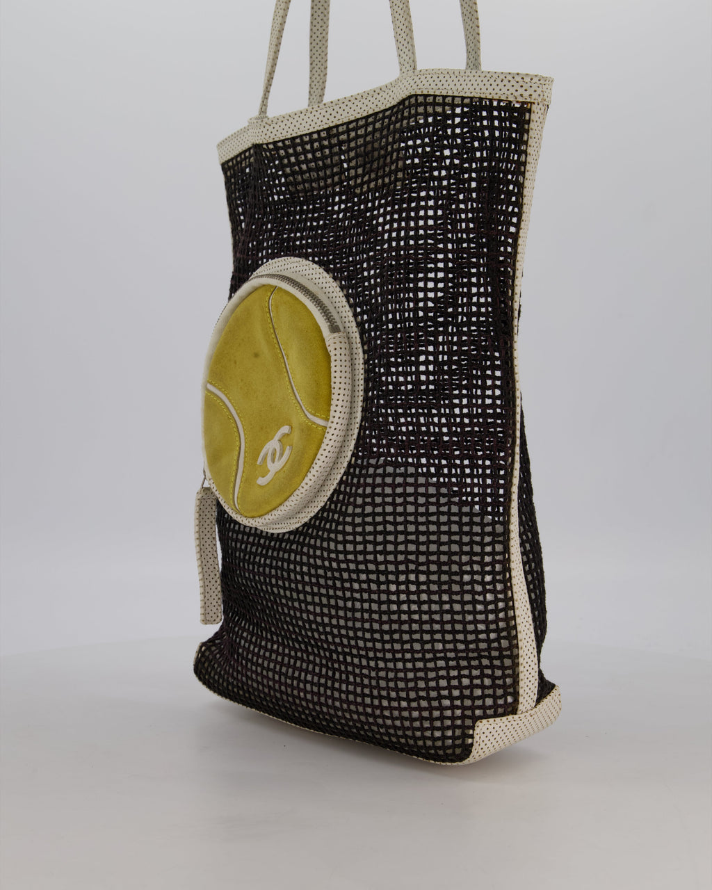 *SUPER RARE & HOT* Chanel Vintage Black 2004 Mesh Tennis Shopper Tote Bag with a Green Tennis Ball Pouch and CC Logo