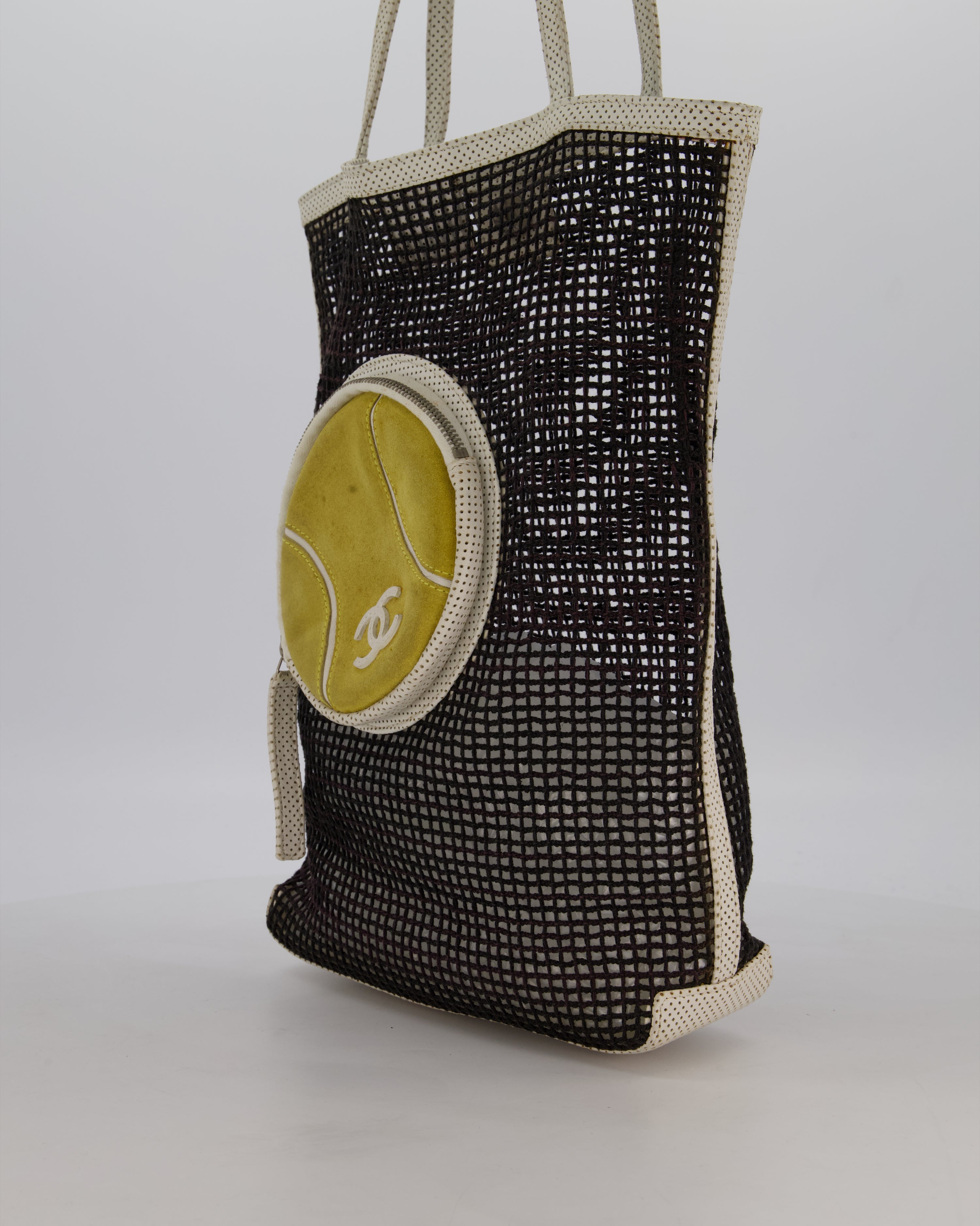 *SUPER RARE & HOT* Chanel Vintage Black 2004 Mesh Tennis Shopper Tote Bag with a Green Tennis Ball Pouch and CC Logo