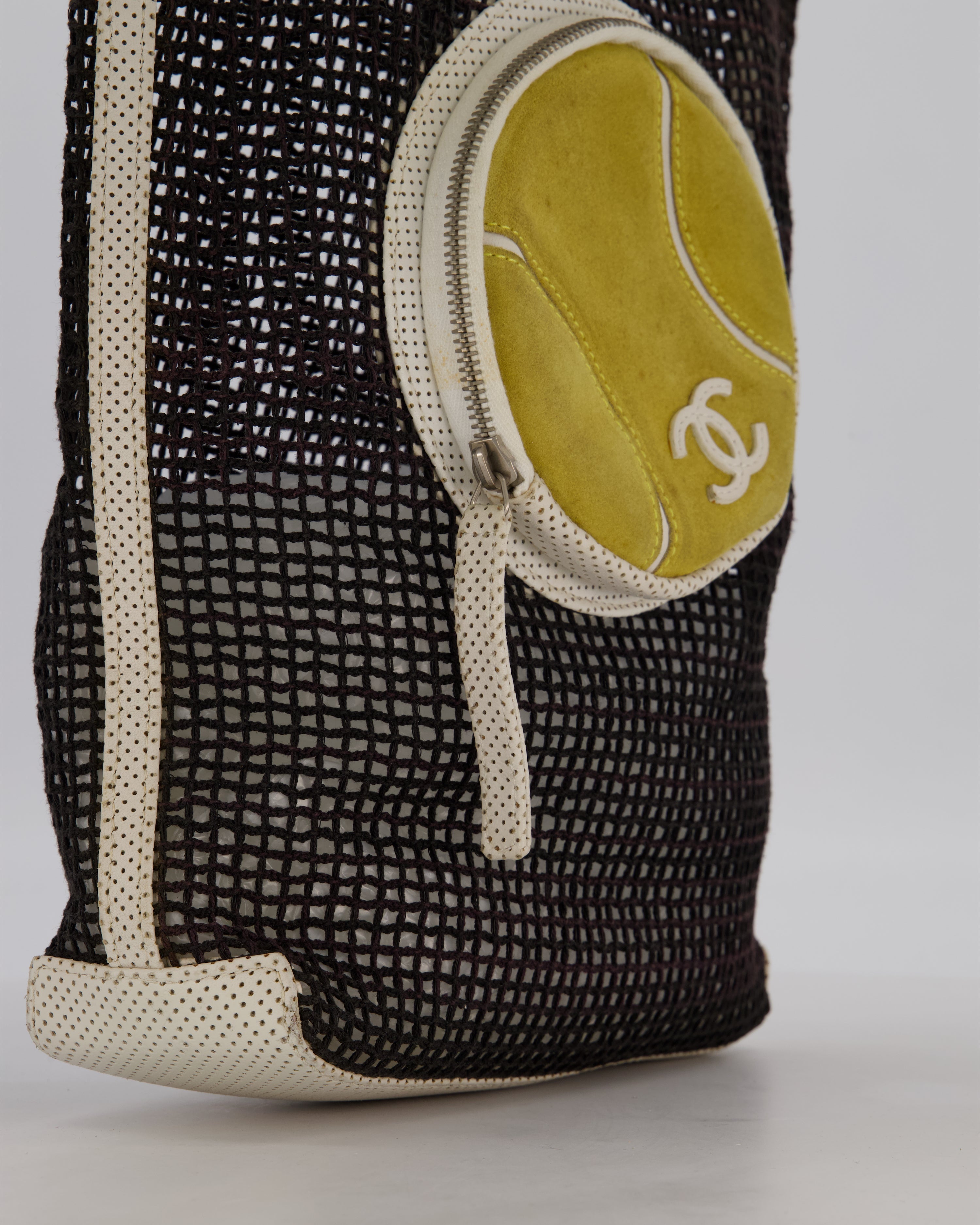 *SUPER RARE & HOT* Chanel Vintage Black 2004 Mesh Tennis Shopper Tote Bag with a Green Tennis Ball Pouch and CC Logo