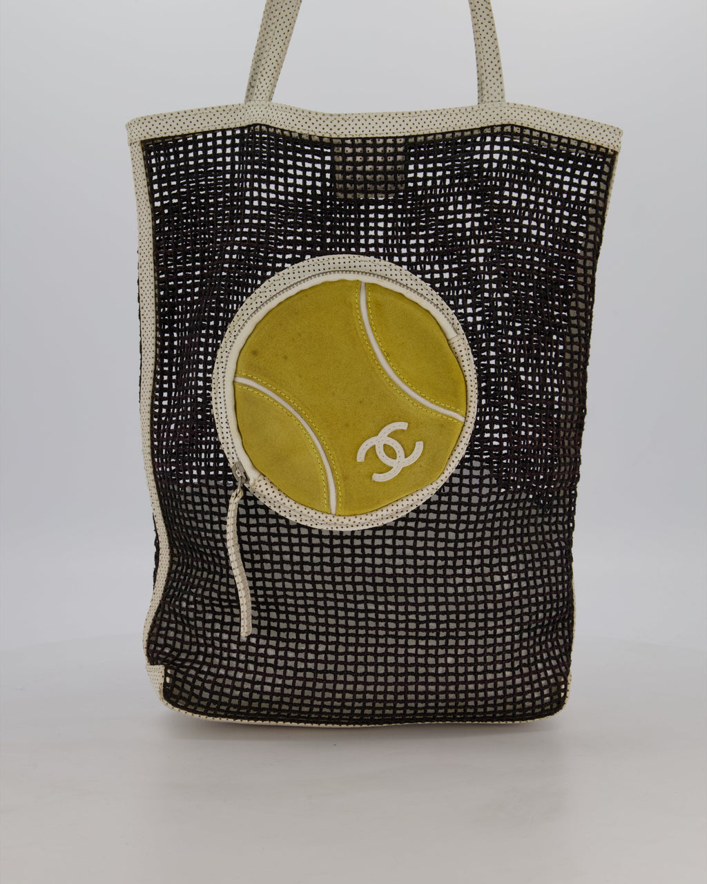 *SUPER RARE & HOT* Chanel Vintage Black 2004 Mesh Tennis Shopper Tote Bag with a Green Tennis Ball Pouch and CC Logo