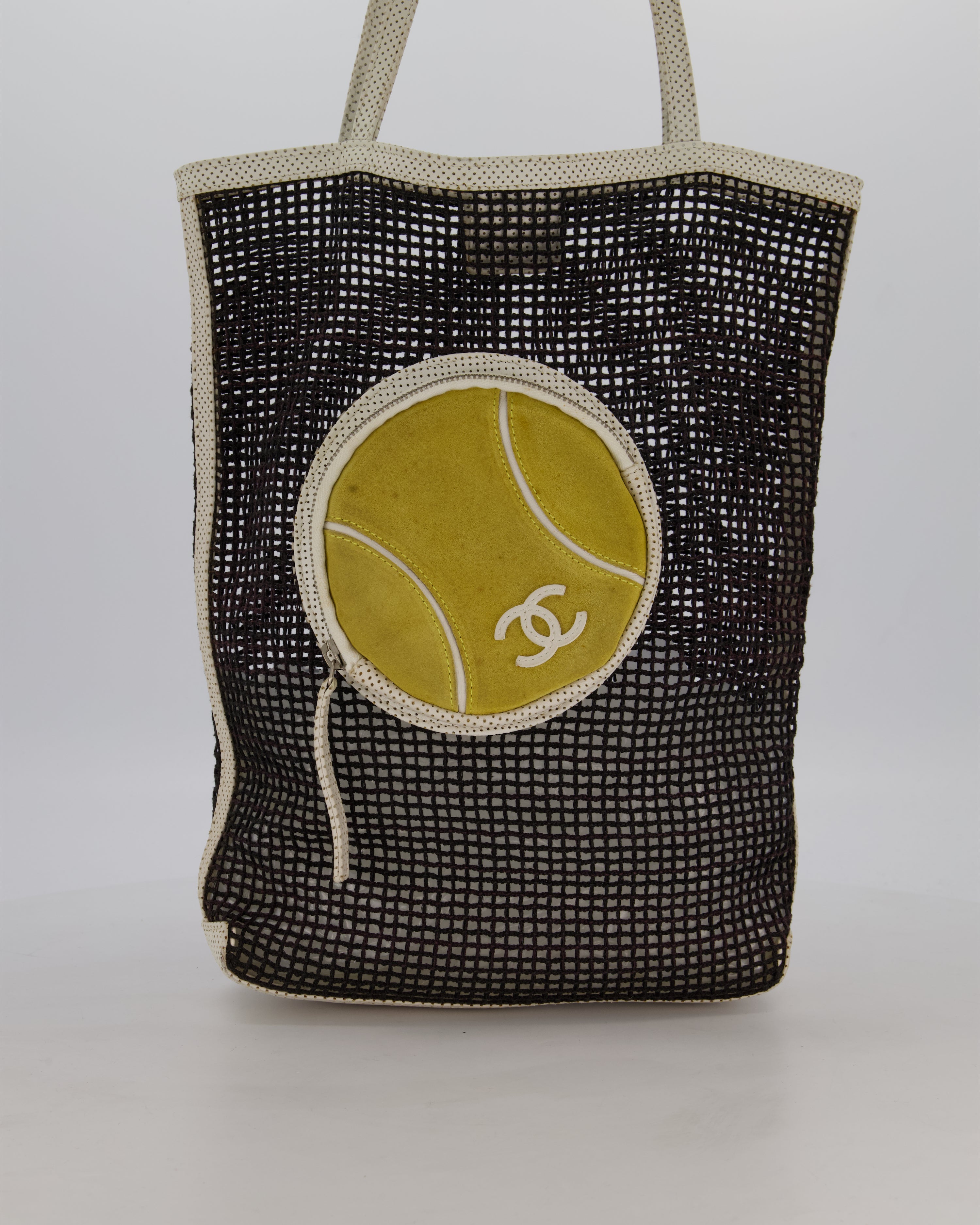 *SUPER RARE & HOT* Chanel Vintage Black 2004 Mesh Tennis Shopper Tote Bag with a Green Tennis Ball Pouch and CC Logo