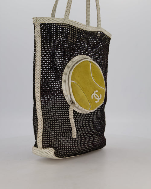 *SUPER RARE & HOT* Chanel Vintage Black 2004 Mesh Tennis Shopper Tote Bag with a Green Tennis Ball Pouch and CC Logo